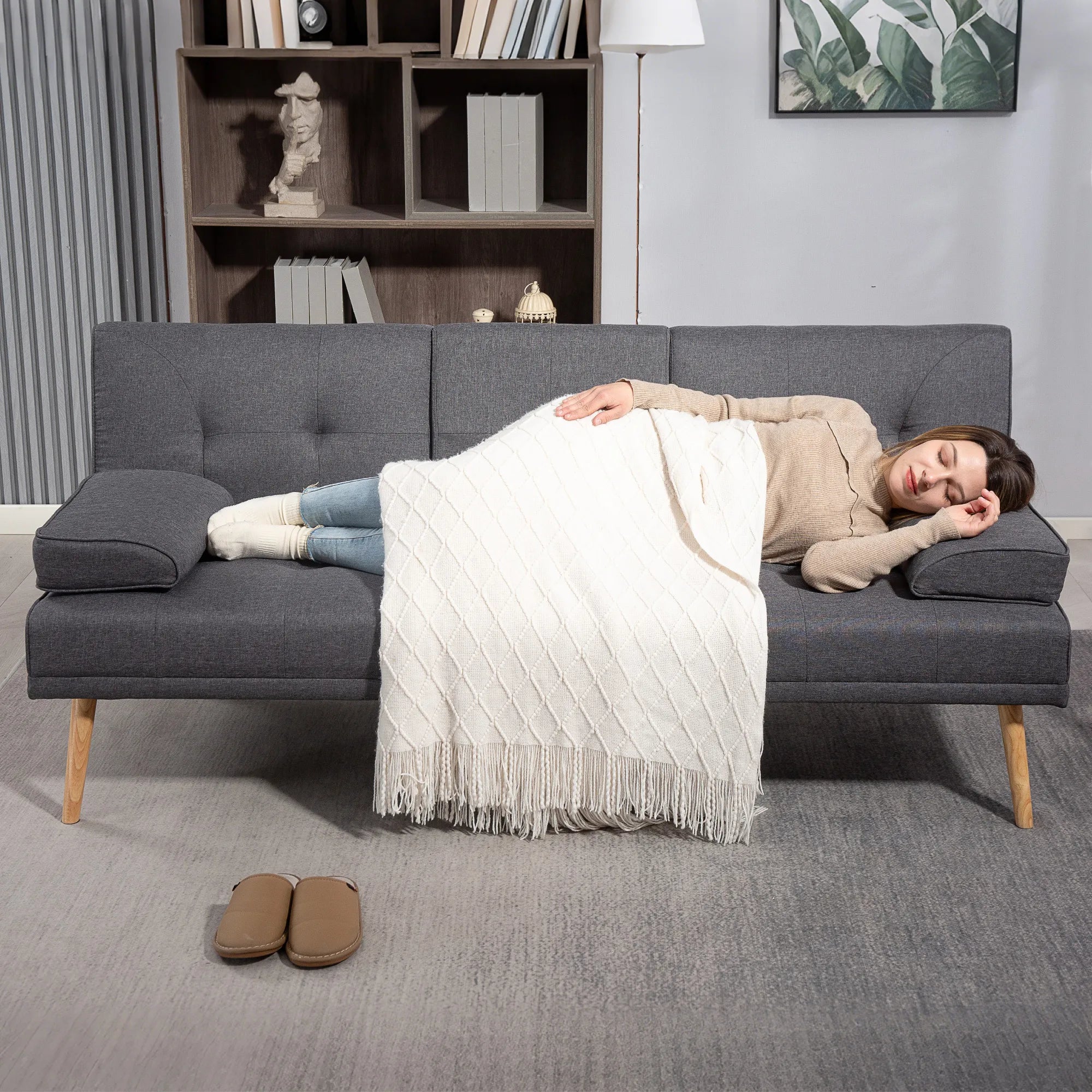 Skandinaviško dizaino trivietė sofa-lova, 2 pagalvėlės, pilka + natūrali spalva
