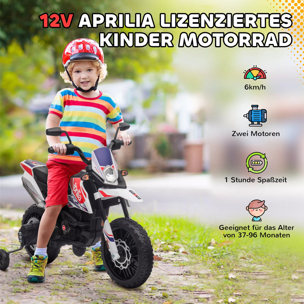 12 V vaikų motociklas su pagalbiniais ratais, LED žibintais, muzika, USB, elektrinis motociklas berniukams ir mergaitėms, baltas