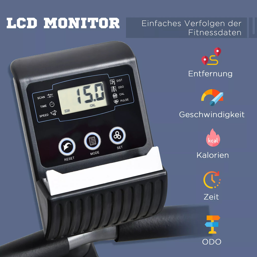 Gulimas ergometras su LCD ekranu, 8 pakopų reguliuojamu magnetiniu pasipriešinimu, gulimas dviratis, treniruoklis su širdies ritmo jutikliais, reguliuojamu atlošu, sėdimojo ergometras vyresnio amžiaus žmonėms iki 110 kg svorio.