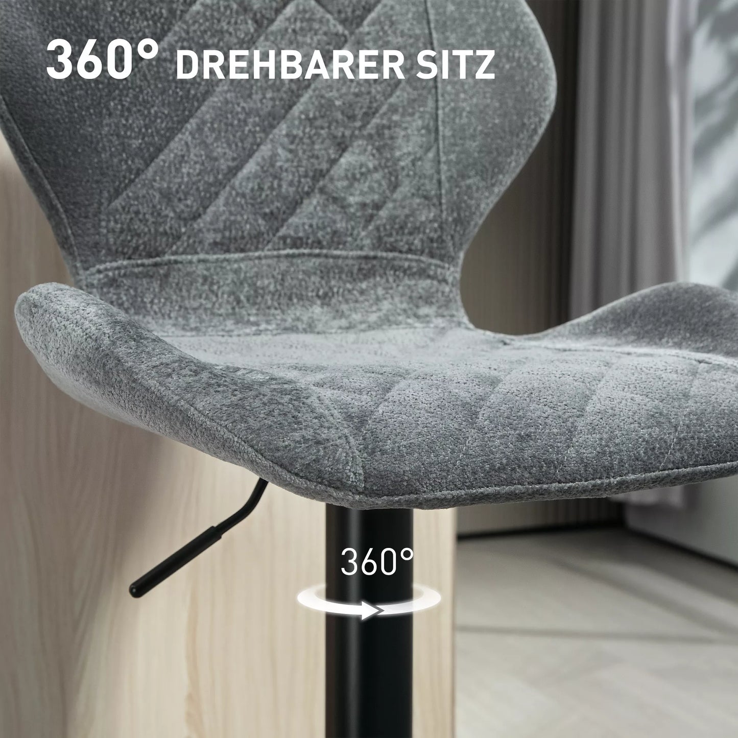 Baro kėdės 2 vnt. komplektas, aukščio reguliuojamos virtuvės kėdutės su atlošu, dujiniu keltuvu, atrama kojoms, pasukamos, pilkos