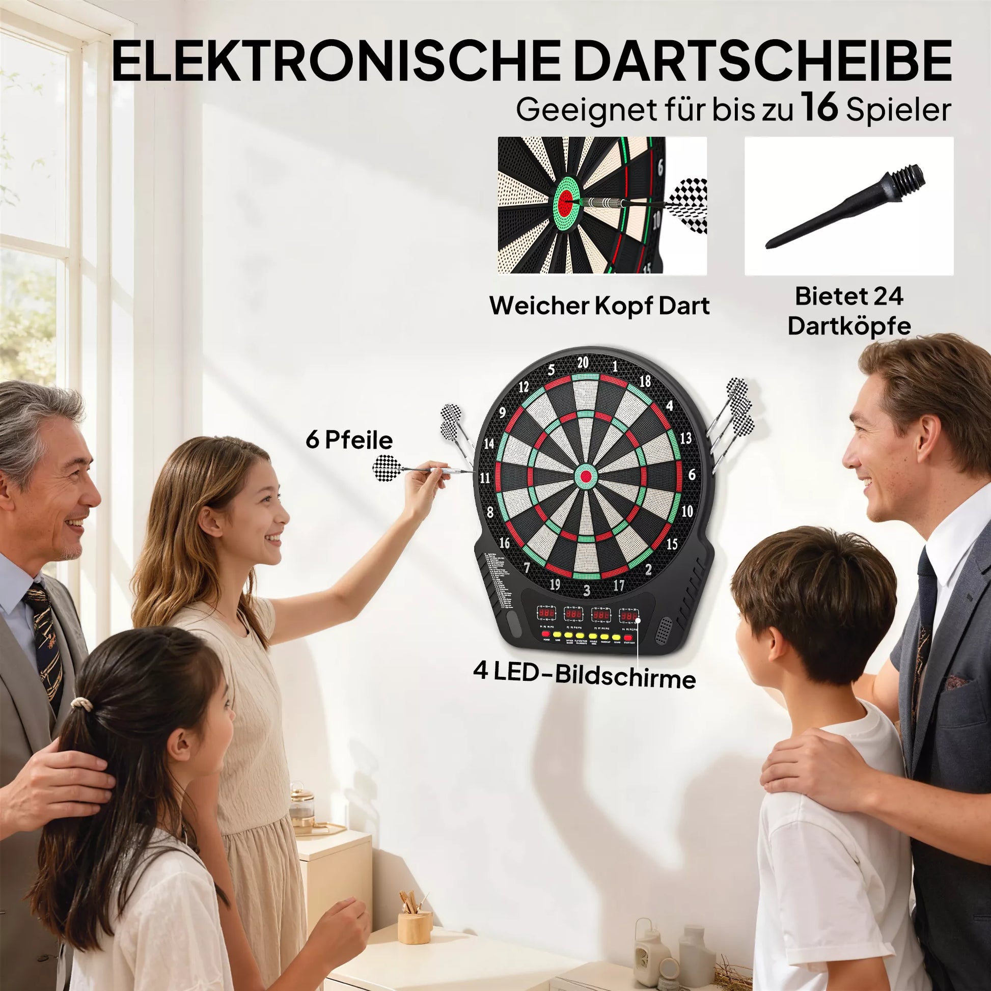 Elektroninė smiginio lenta (dartboard) – smiginio rinkinys su LED ekranu, automatiniu taškų skaičiavimu, garso efektais, 6 strėlytėmis, 24 antgaliais, 27 žaidimais ir 243 taškų rinkimo variantais, 16 žaidėjų, 44 x 51,5 x 3,2 cm