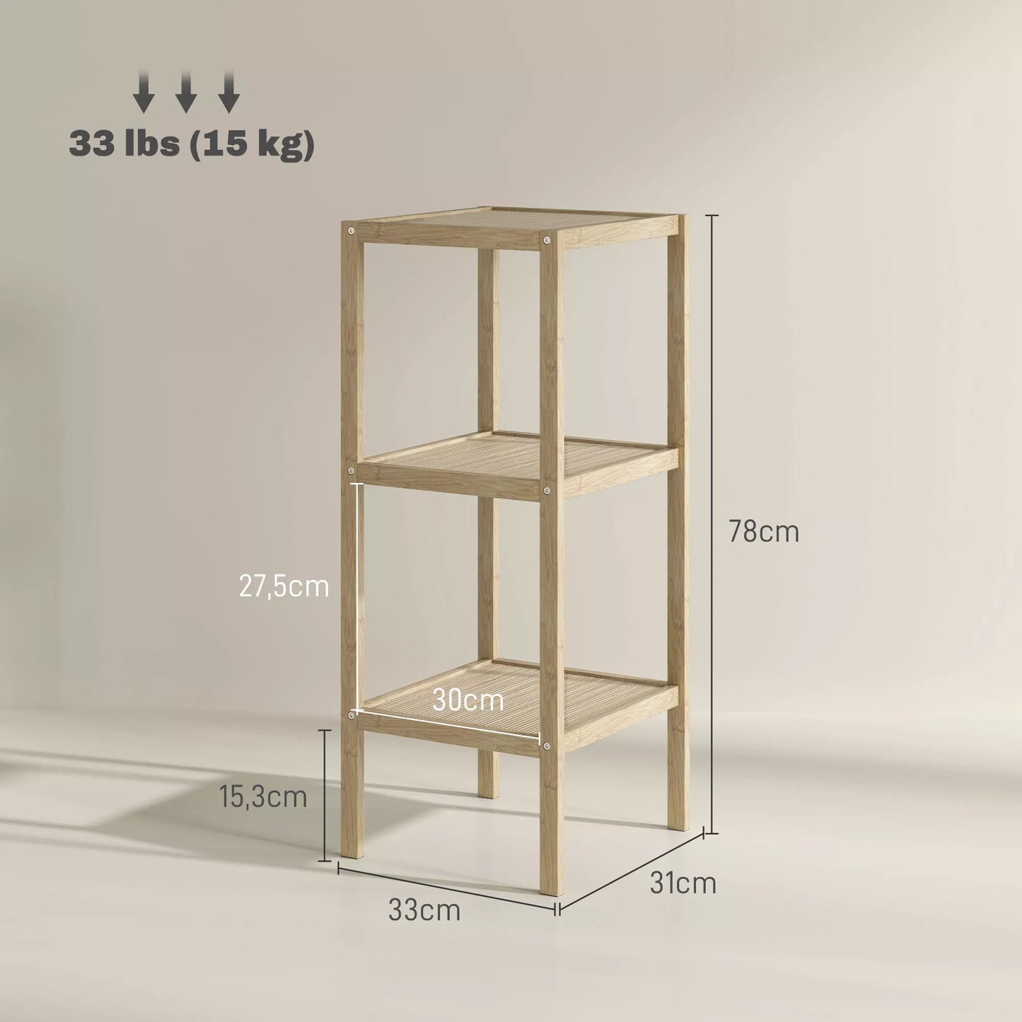 Vonios lentyna, 3 pakopų, drėgmei atspari, bambukinė, 33 x 31 x 78 cm