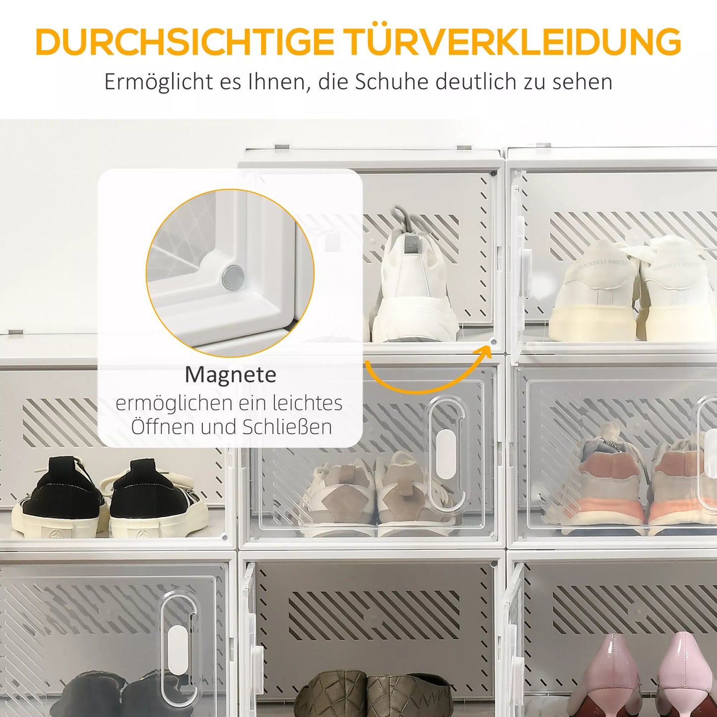 18 vienetų batų lentyna, sukraunamos batų dėžutės iki 45 dydžio batams, magnetiniai durelės, plastikas, 28 x 36 x 21 cm