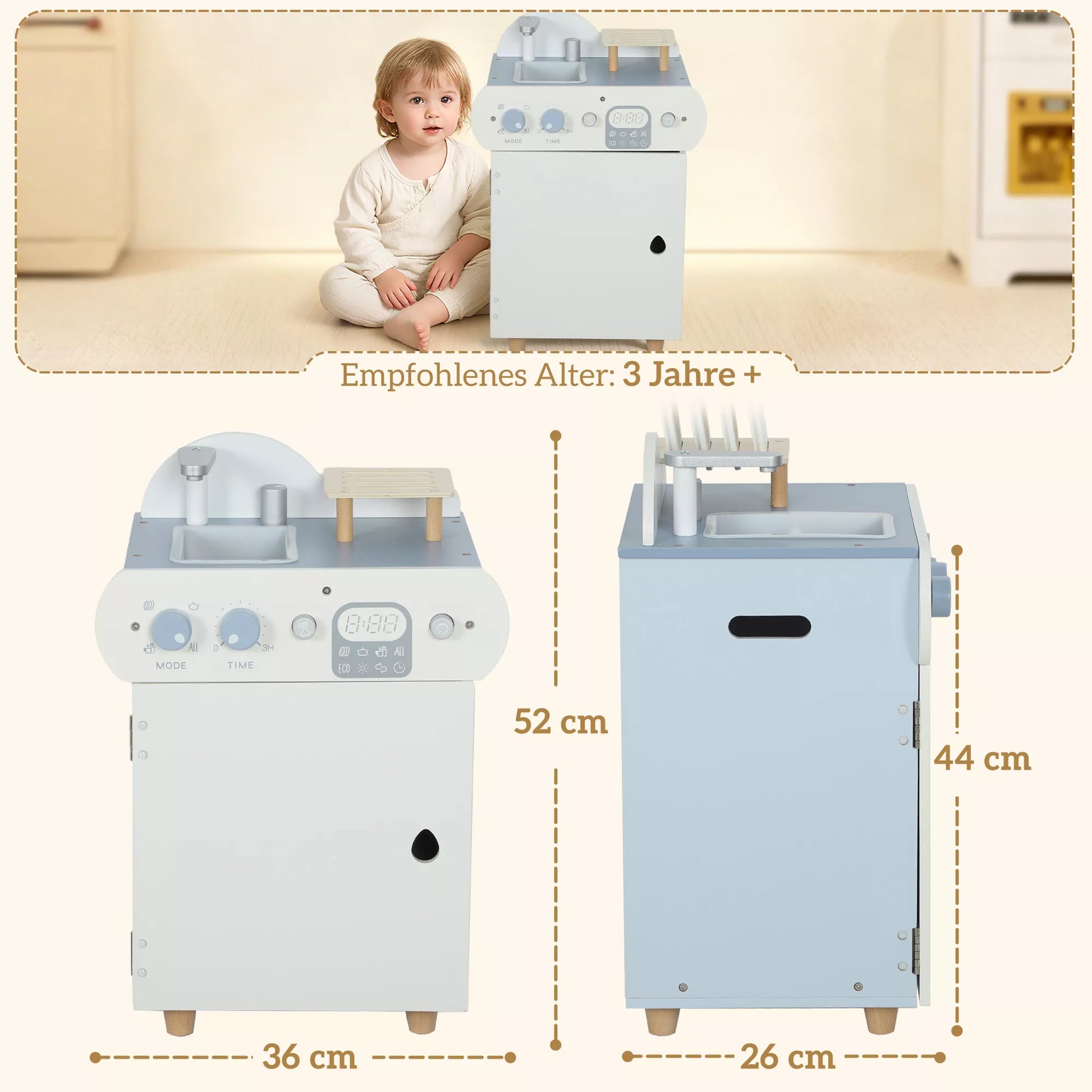 Indų plovimo rinkinys, medinė indaplovė vaikams, 32 priedai, MDF, vaikams nuo 3 metų, šviesiai mėlyna