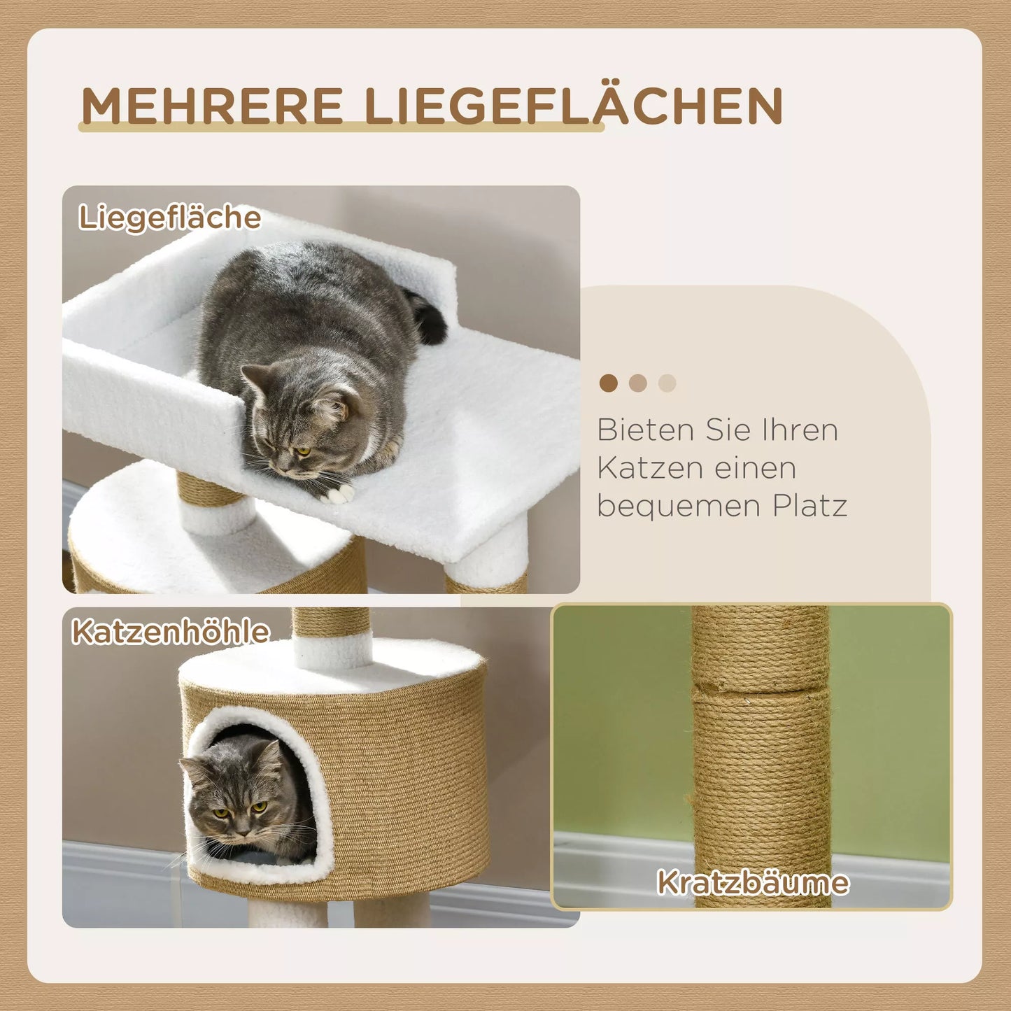 Kačių draskyklė, 1 kačių guolis, 1 miegojimo paviršius, 70 cm x 49 cm x 79 cm, natūralus + baltas