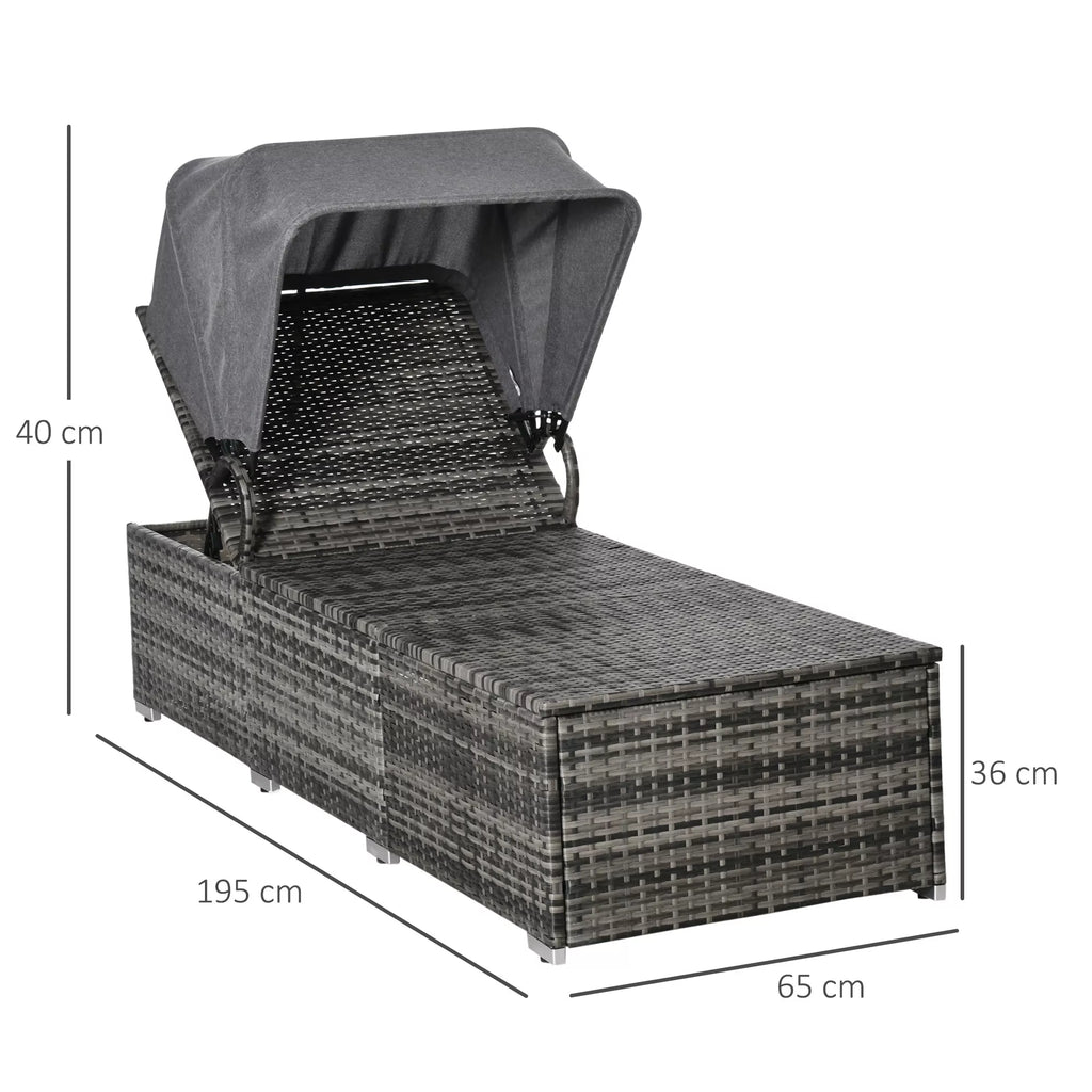 Polirattaninis gultas su saulės stogu Reguliuojamas sodo gultas Rotango gultas Sodo baldai Gultas su pagalvėmis Pilkos spalvos 195 x 65 x 40 cm