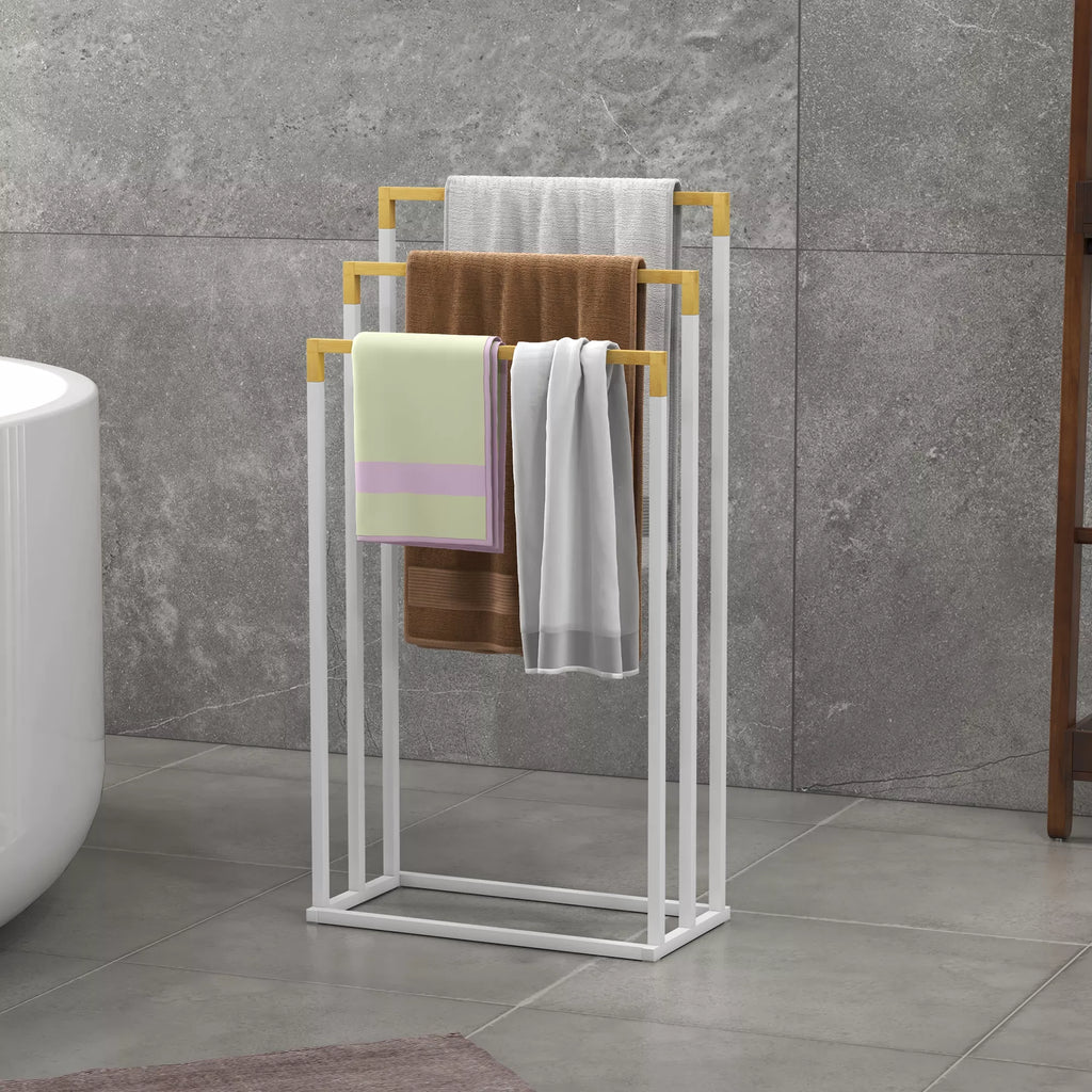 Rankšluosčių laikiklis Rankšluosčių laikiklio rinkinys 3 rankšluosčių strypai, pramoninis dizainas, bambukas, 45 x 22,5 x 86 cm, balta + natūrali