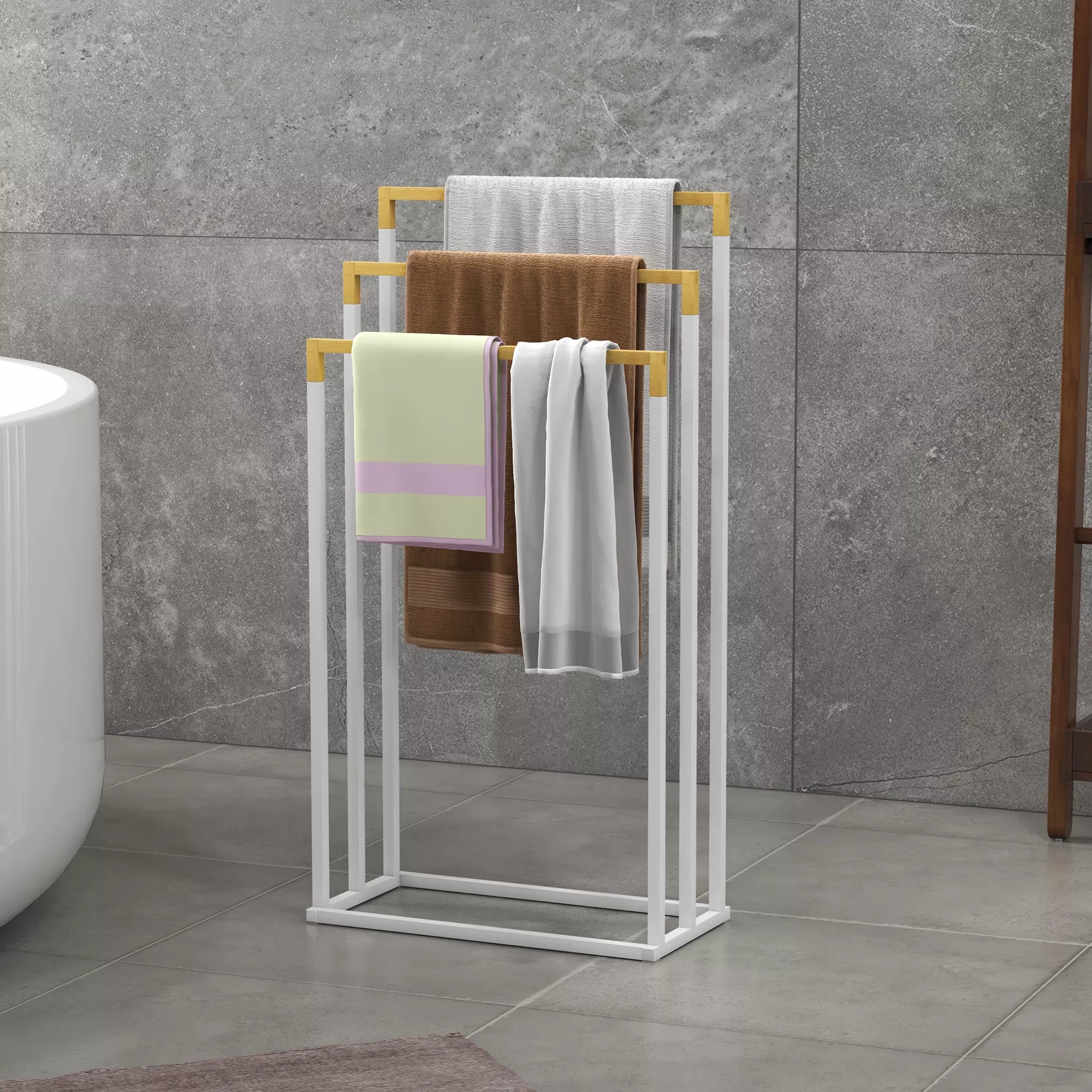 Rankšluosčių laikiklis Rankšluosčių laikiklio rinkinys 3 rankšluosčių strypai, pramoninis dizainas, bambukas, 45 x 22,5 x 86 cm, balta + natūrali