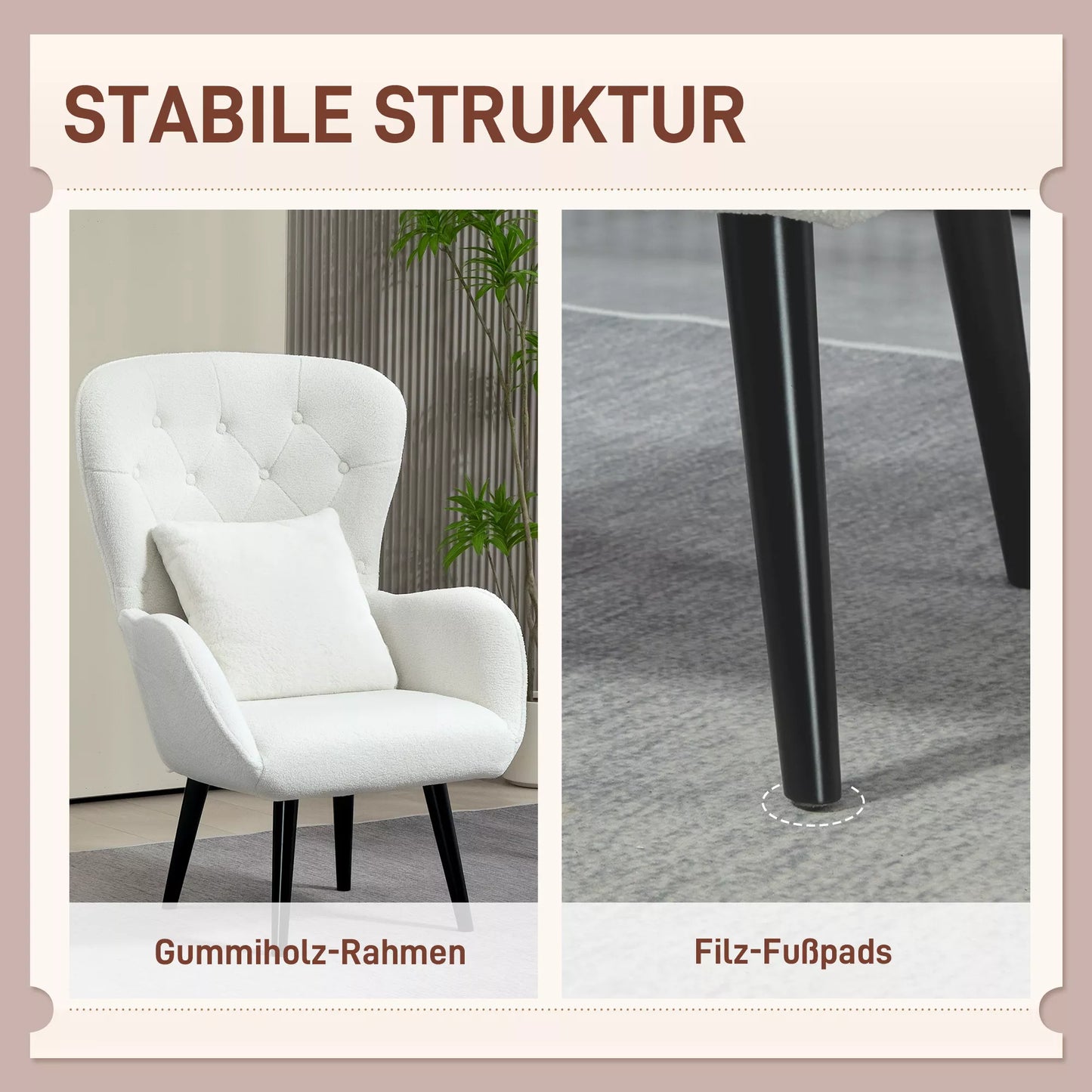 Svetainės fotelis su rombiniu dygsniavimu, gobtuvas iš teddy audinio, su dekoratyvine pagalvėle, 88 x 75 x 106 cm, baltas