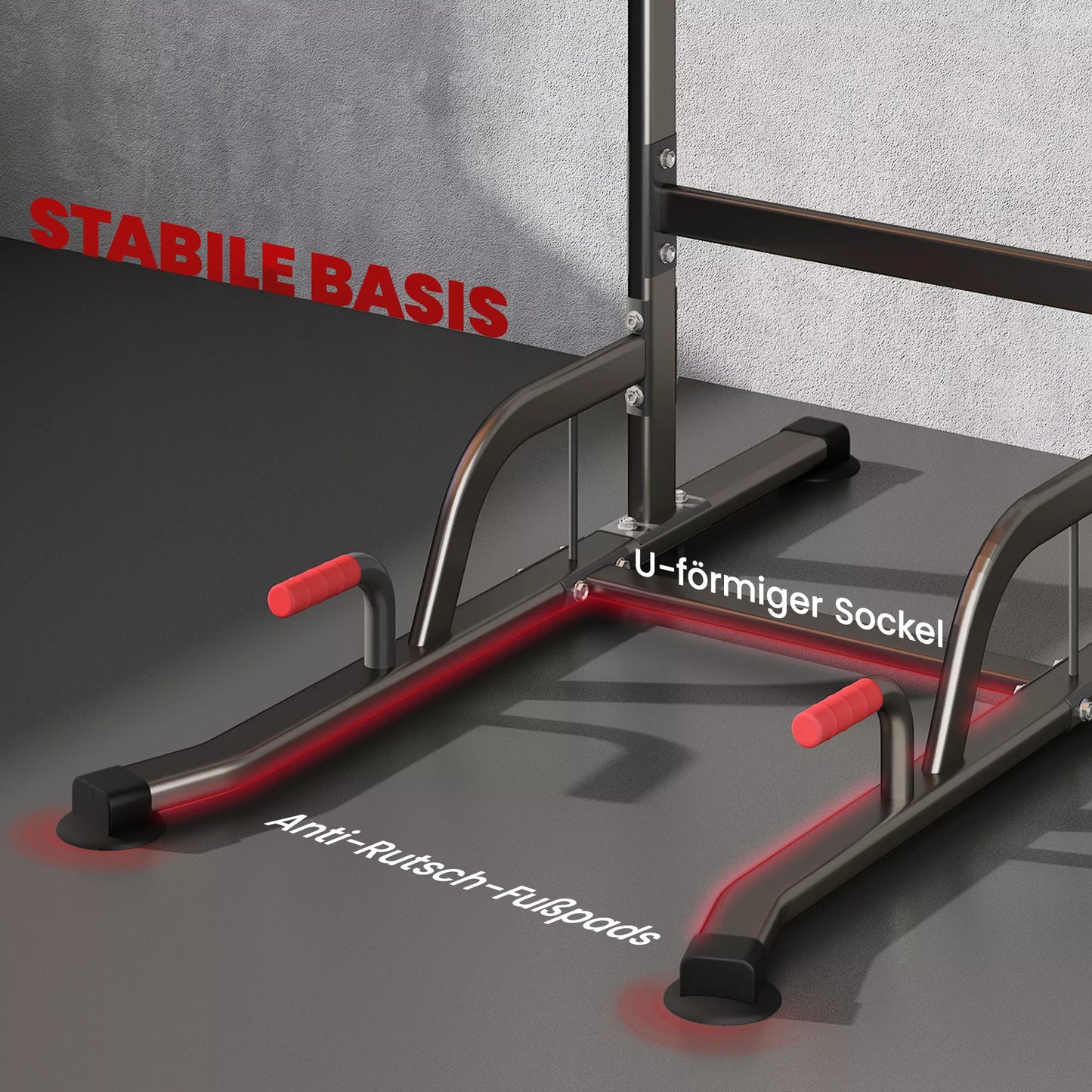 Jėgos bokštas su reguliuojamu aukščiu, traukos priemonė su prisitraukimo trapecija ir siurbtukais, minkšta namų treniruočių įranga
