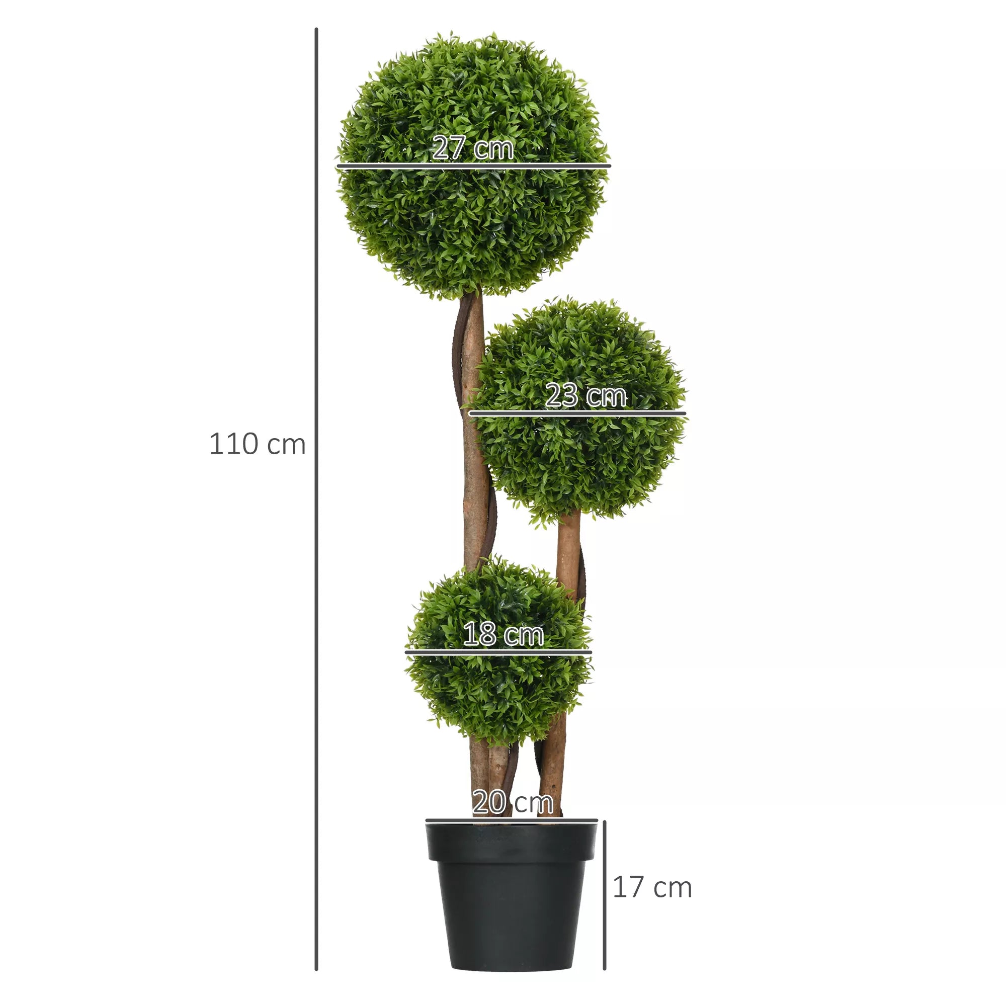 Dirbtinis buksmedis, atsparus UV spinduliams su 3 rutuliais, plastikas, 110 cm