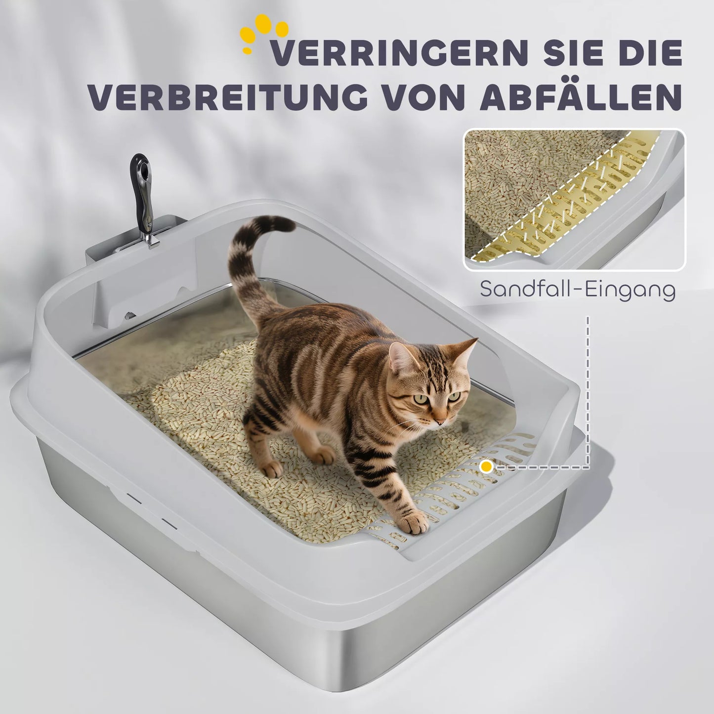 Katės tualetas iš nerūdijančio plieno Atviras katės tualetas su aukštu kraštu ir kastuvu, skirtas didelėms katėms iki 12 kg 69,8 x 50,3 x 29,8 cm Pilkos spalvos