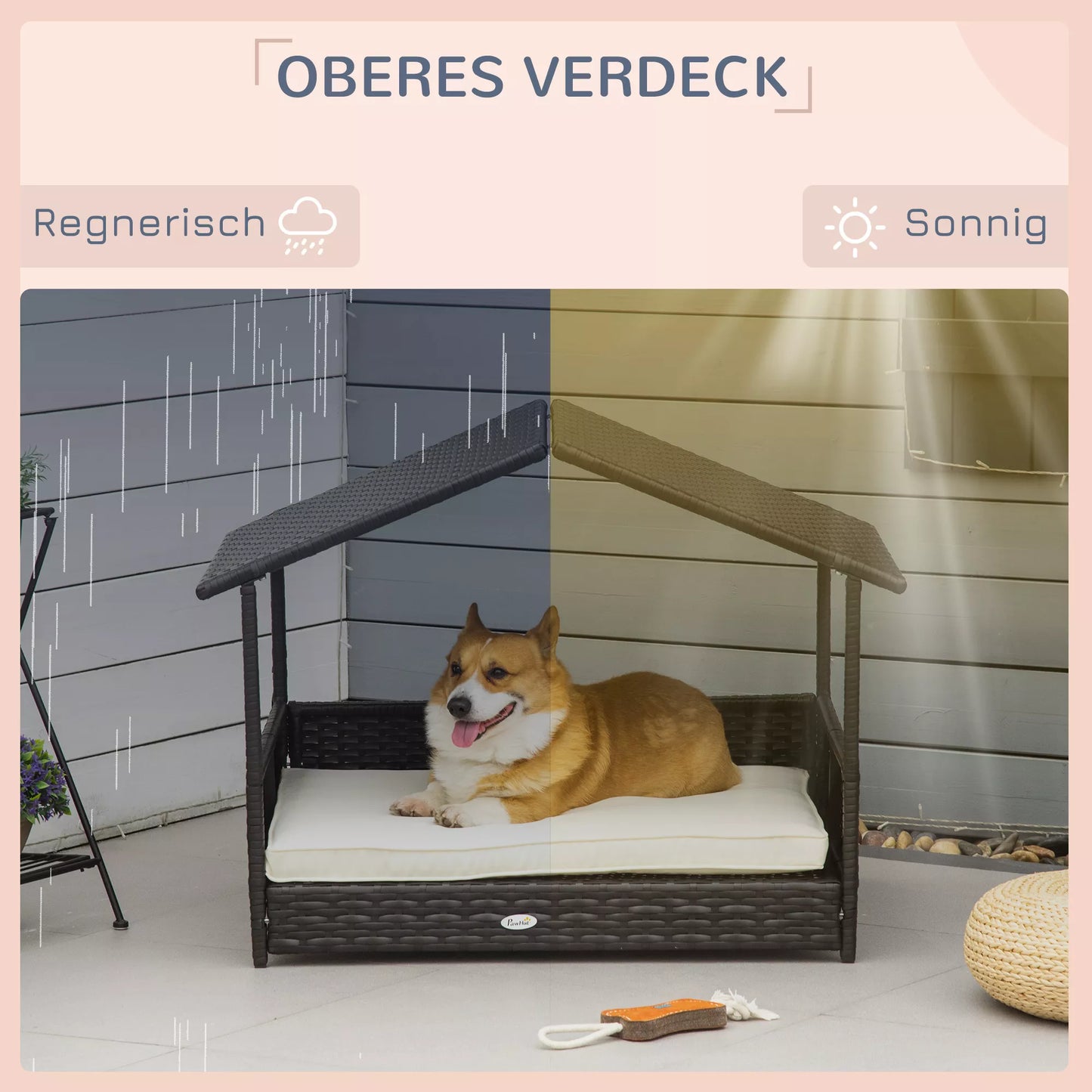 Rotango lauko šunų gultas su stogeliu, paaukštinta šunų lova mažiems ir vidutinio dydžio šunims, vėsinanti naminių gyvūnėlių gulima vieta su metaliniu rėmu, lauko pagalvėlė, 69 x 98 x 70 cm, kavos rudumo