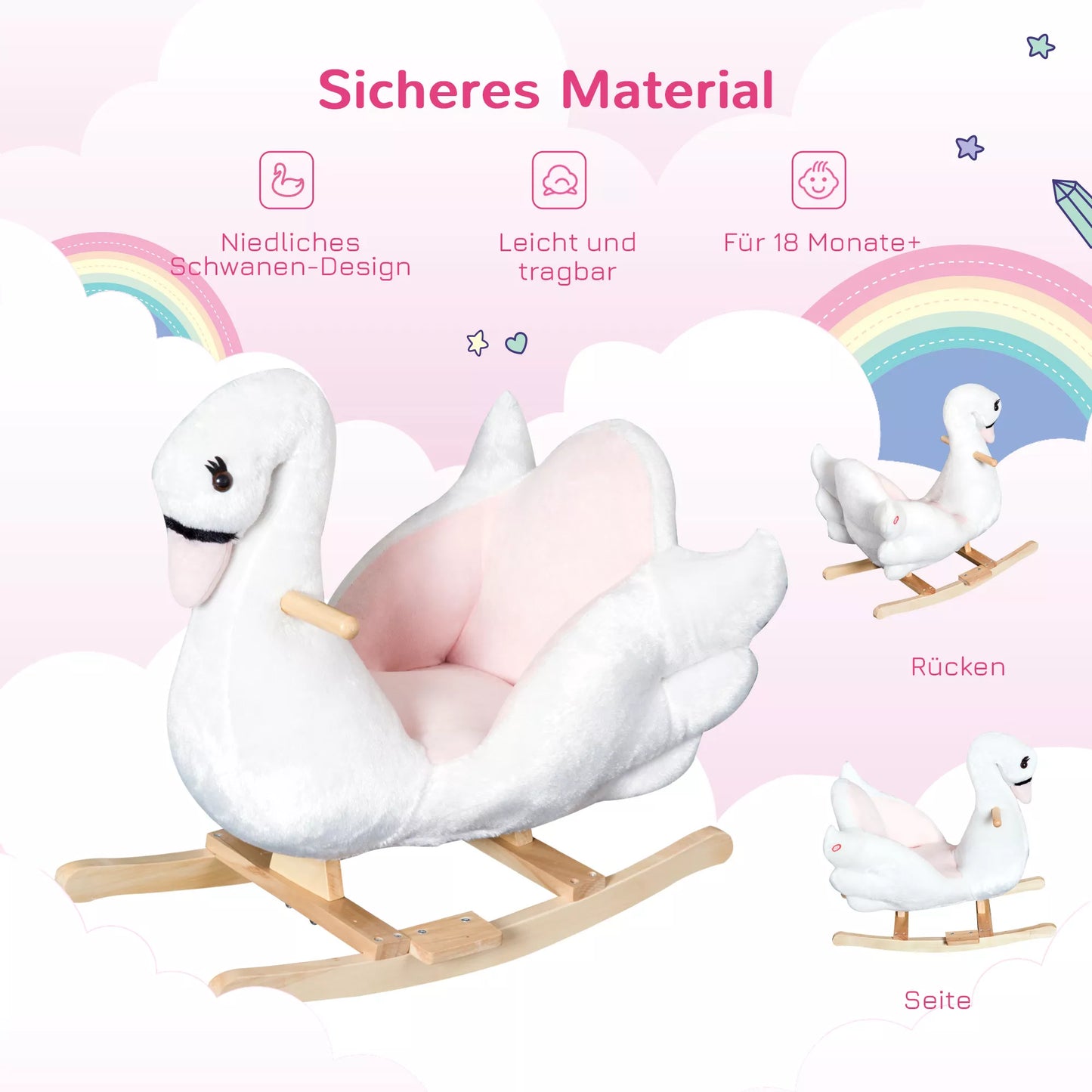 Sūpynės žaislas Sūpynės arkliukas su saugos diržu Muzika, 55 cm Kūdikių sūpynės iš minkšto pliušo Sūpynės žaislas Žaislas sūpynės kūdikiams ir vaikams nuo 18 mėnesių Medinis