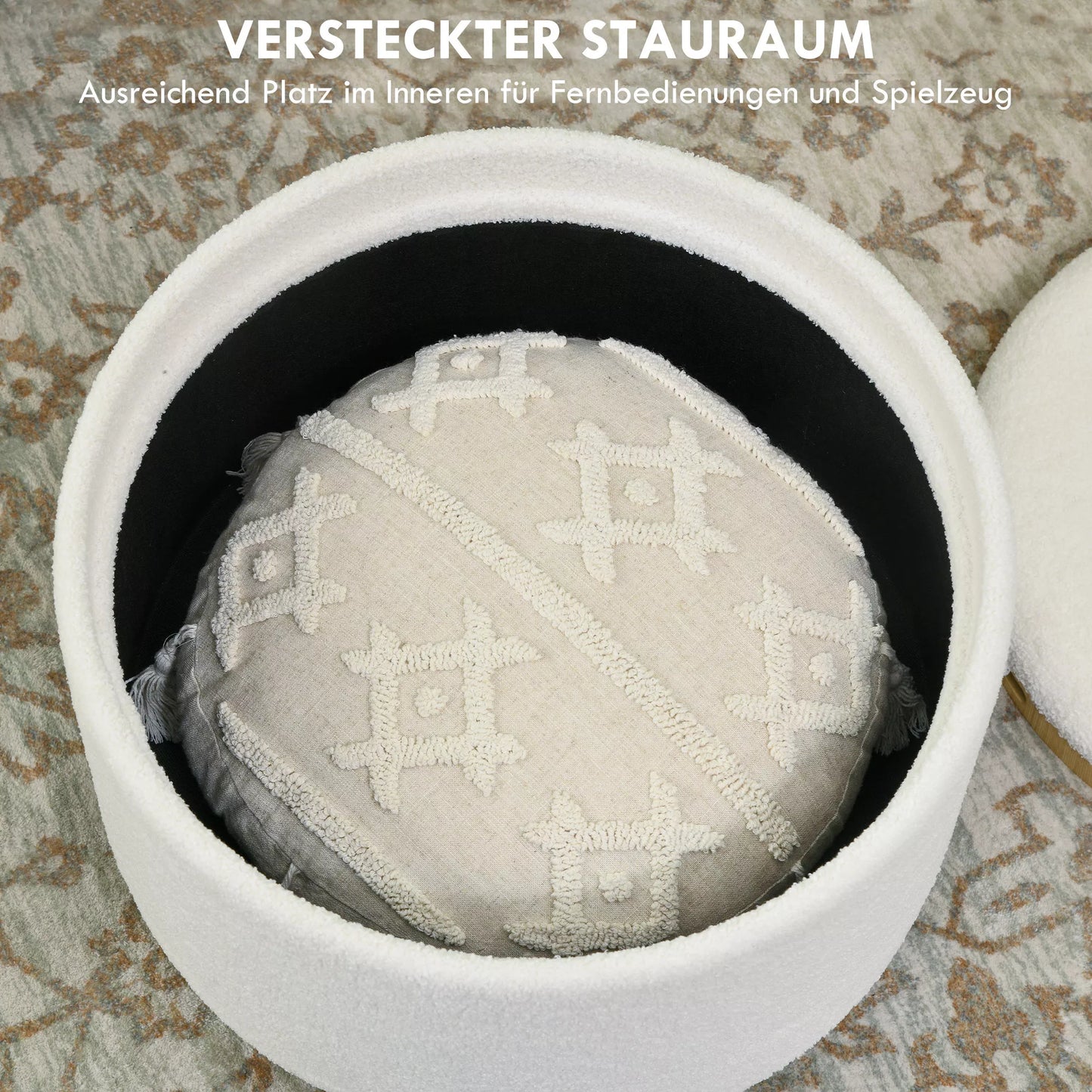 Pufas, Teddy vilnos audinys, paslėpta daiktadėžė, atverčiamas dangtis, 56 cm x 56 cm x 42 cm, baltas