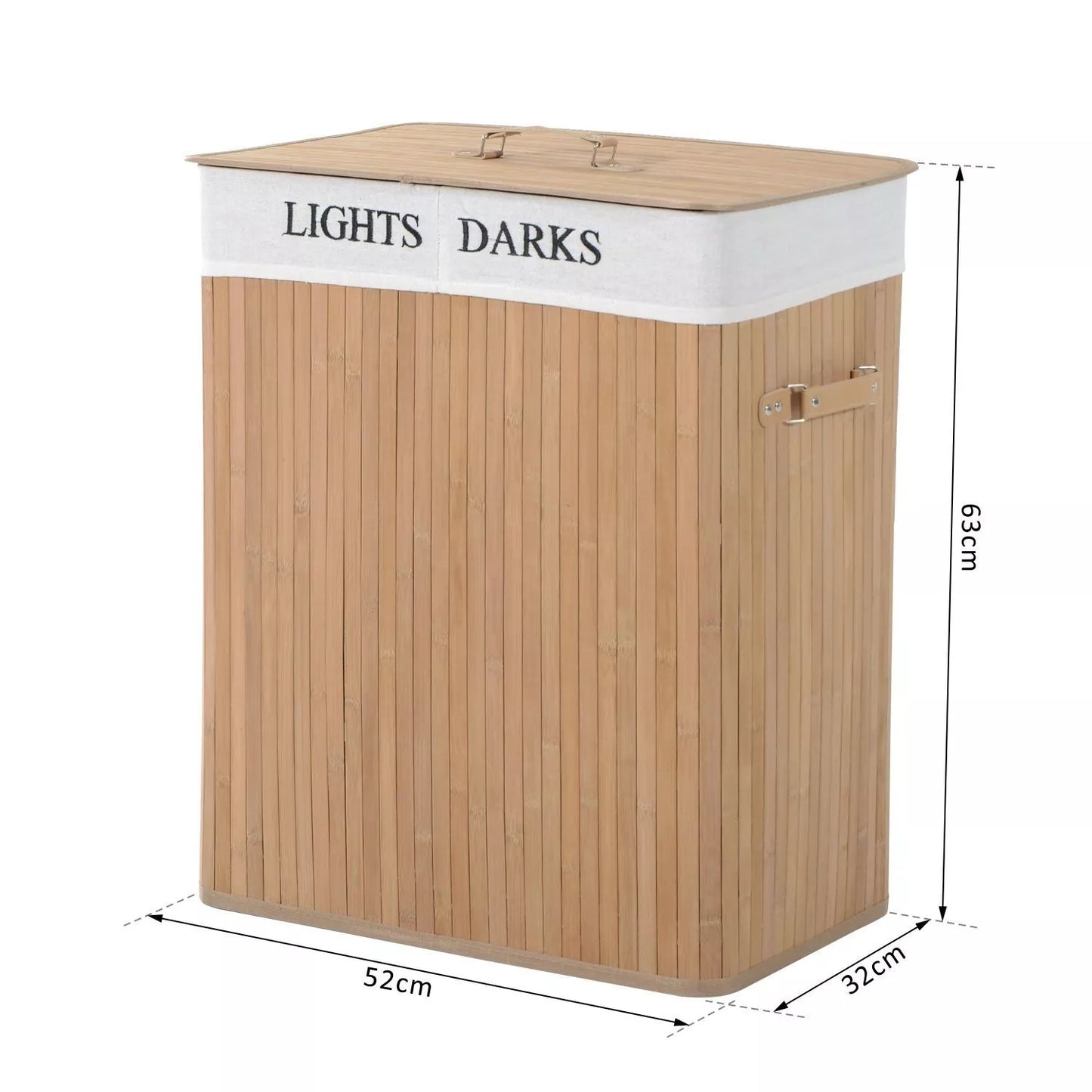 Bambukinė skalbinių dėžė su dangčiu, 100 L talpos, su PU rankenomis, drobinis skalbinių maišas, skalbinių rūšiuoklis skalbyklai, miegamajam, vonios kambariui, natūrali spalva