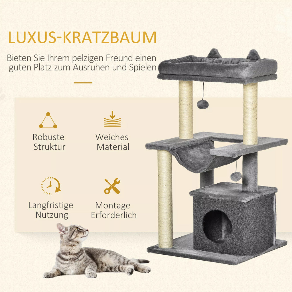 Katės medis 90 cm Kratas medis su hamaku Žaidimų medis Katės urvas Platformos Laipiojimo medis Katės kratas medis Aktyvumo kratas medis Pliušinis Sizalis Pilkas