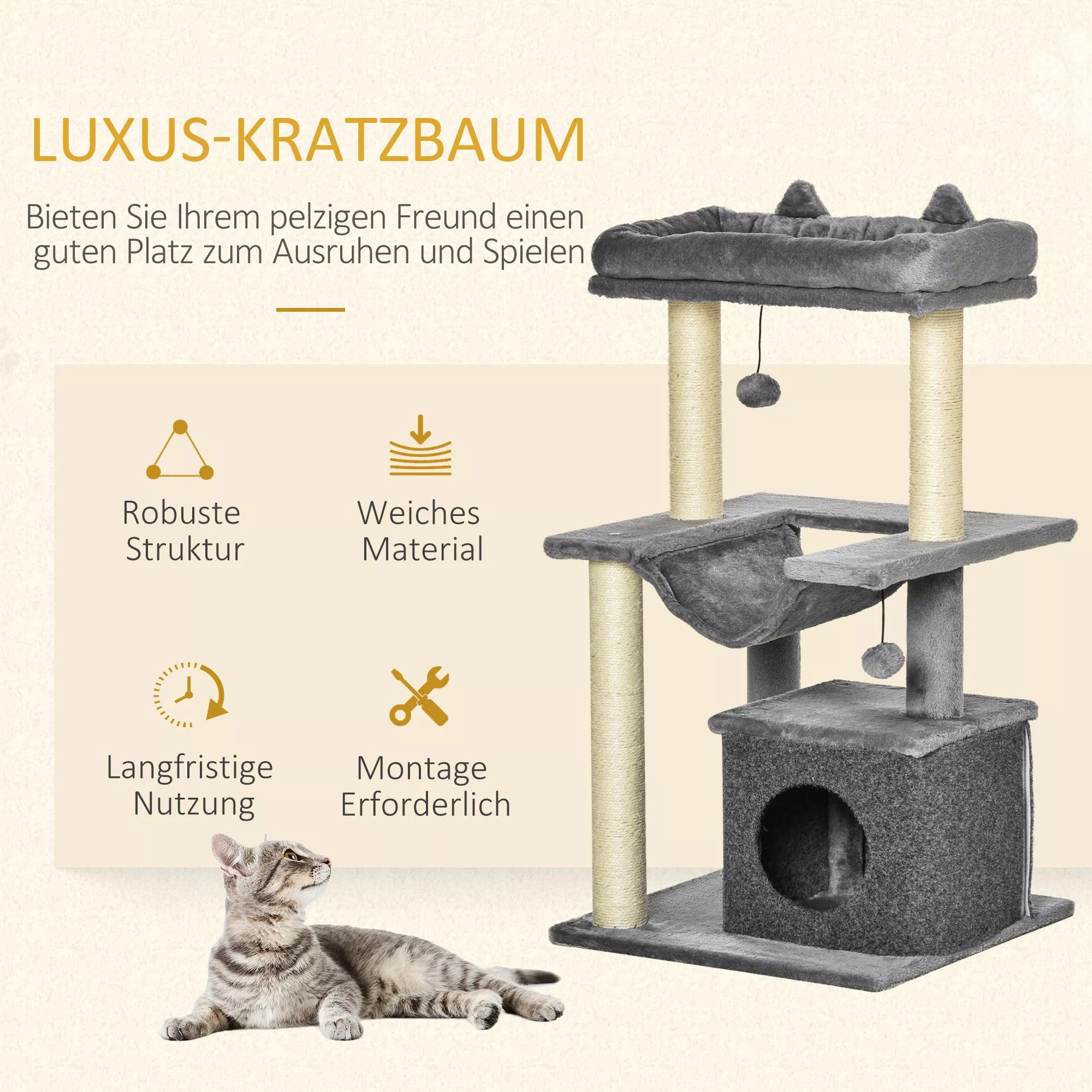 Katės medis 90 cm Kratas medis su hamaku Žaidimų medis Katės urvas Platformos Laipiojimo medis Katės kratas medis Aktyvumo kratas medis Pliušinis Sizalis Pilkas