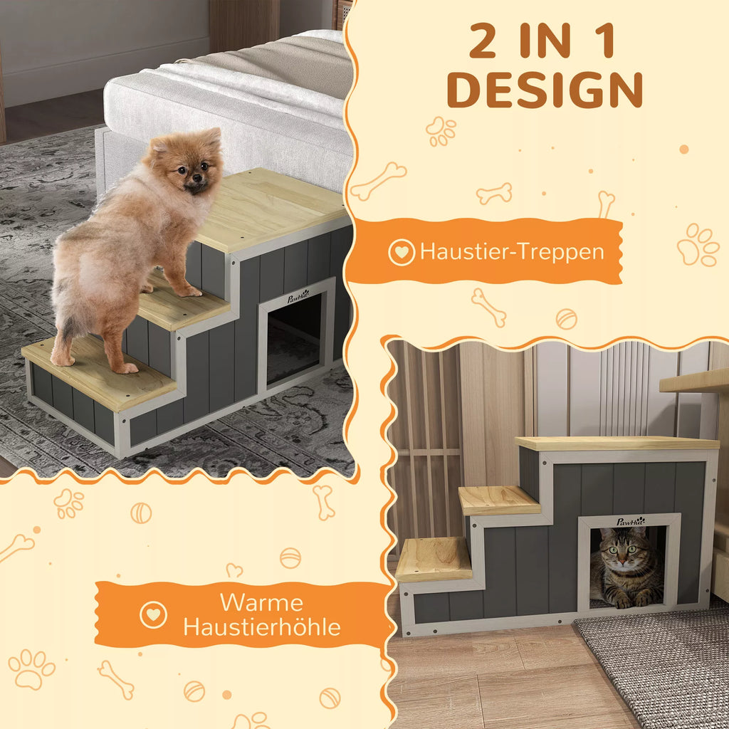 Naminių gyvūnų laiptai Šunų laiptai, 3 pakopos, pušies mediena, 79 cm x 38,5 cm x 45 cm, natūralūs + balti