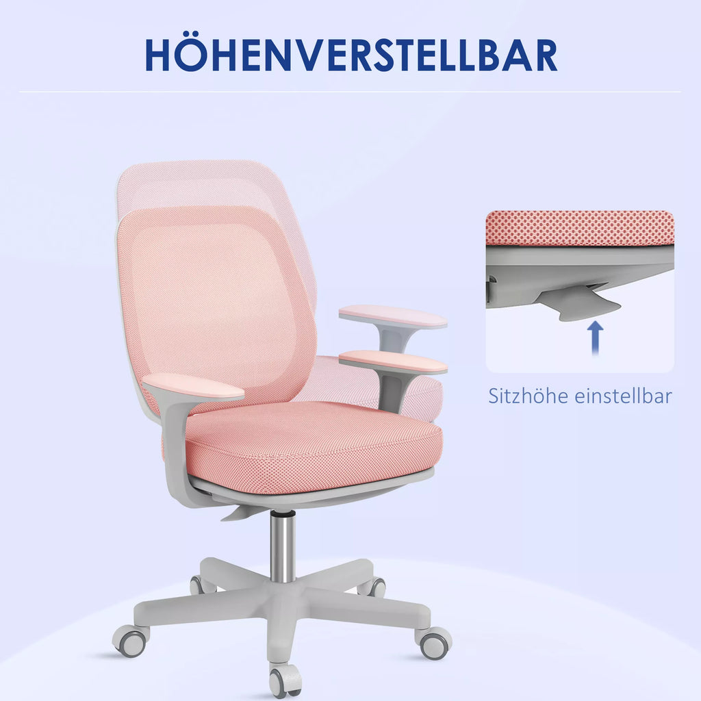 Biuro kėdė, ergonomiška rašomojo stalo kėdė su pasukimo funkcija, reguliuojamas aukštis 55 x 48 x 82,5–94,5 cm, rožinė