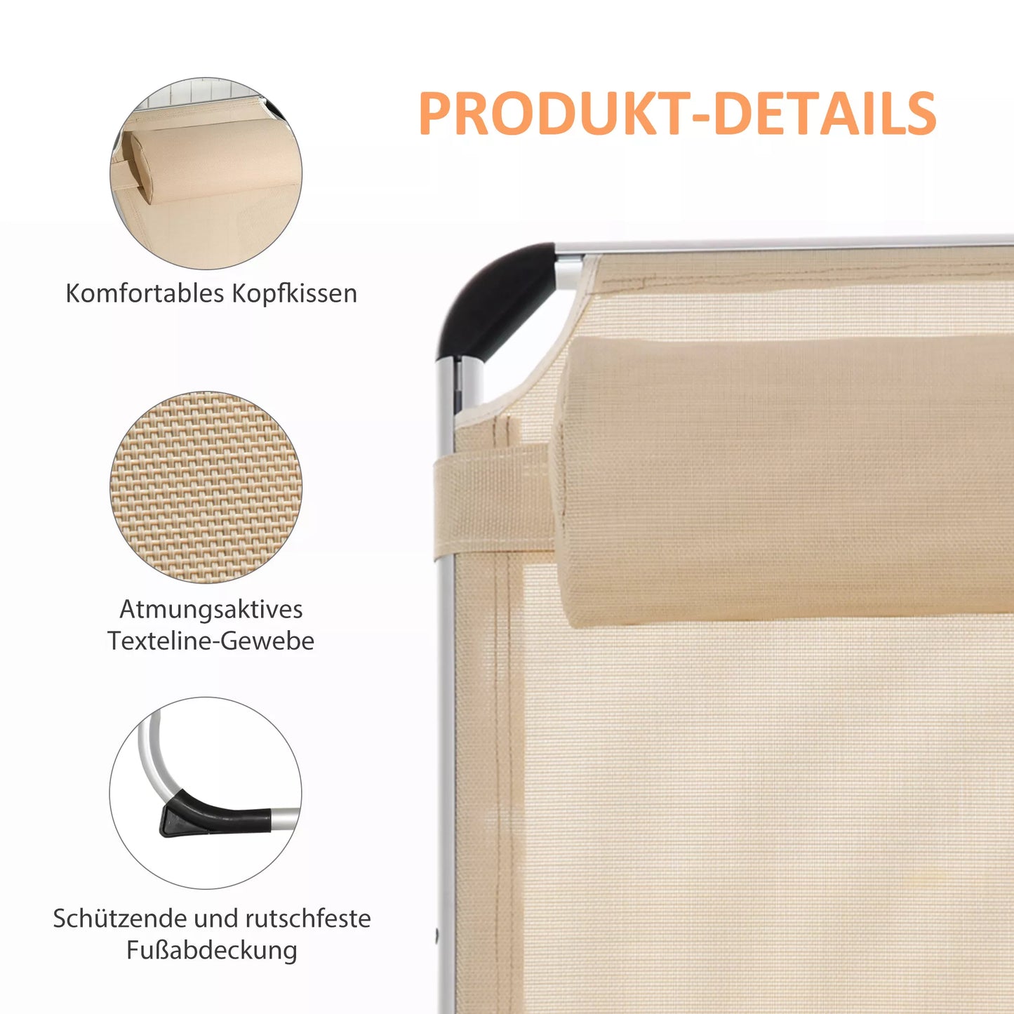 Sulankstomas gultukas su pagalvėle, ergonomiškas poilsio gultukas su 4 pakopų reguliuojama atlošu, aliuminio, atlaiko iki 120 kg, sodui, terasai, baseinui, paplūdimiui, smėlio spalvos