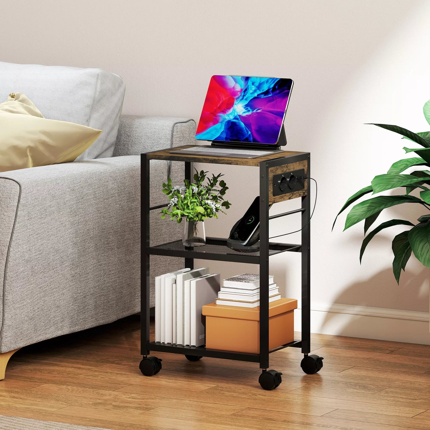 Spausdintuvo stovas Spausdintuvo lentyna su ratukais, elektros lizdais, USB ir USB-C jungtimis iki 40 kg Rustykalinė ruda