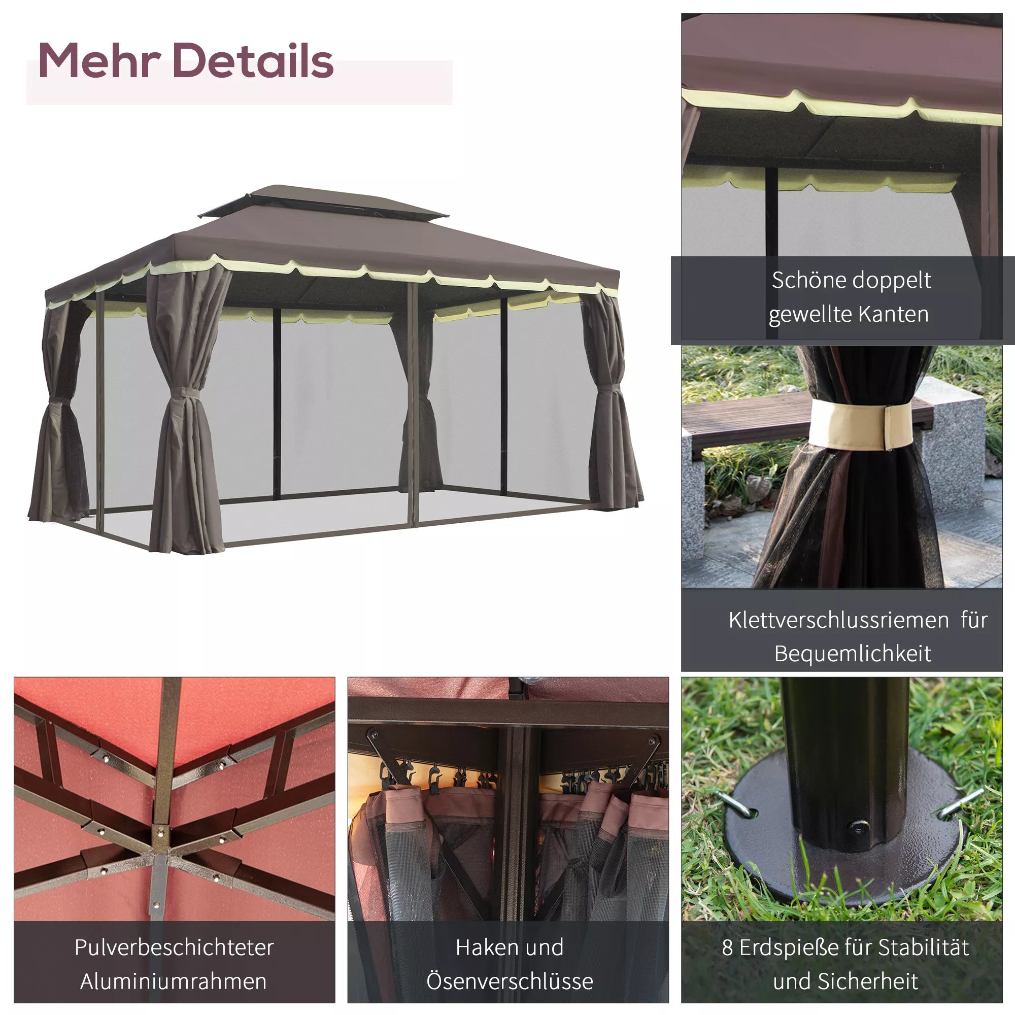 Sodo paviljonas Paviljonas 390 x 290 x 280 cm Sodo palapinė Šventinė palapinė Vakarėlių palapinė su 4 šoniniais elementais Moskitų tinklas Atsparus oro sąlygoms Aliuminis Poliesteris Kavos + juodos spalvos