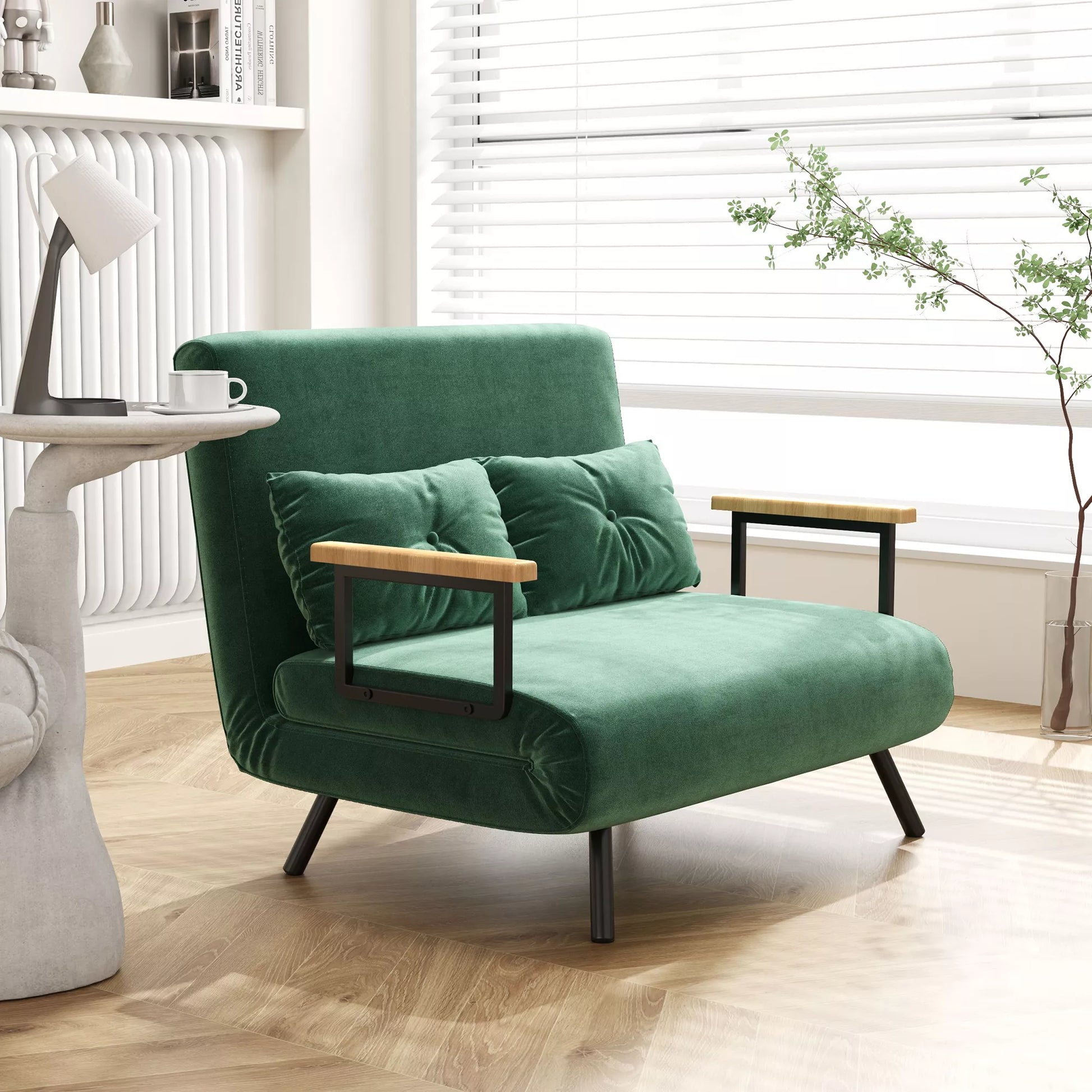 Miegama sofa 2 vietų sofa, aksominė sofa, miegojimo funkcija, su 2 pagalvėlėmis, aksomo išvaizda, natūrali + žalia