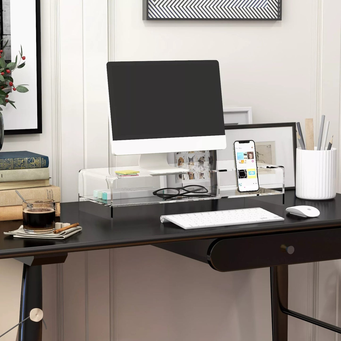 Skaidrus monitoriaus stovas su klaviatūros dėklu, 2 pakopų, akrilinis, tinka monitoriams iki 24 colių, matmenys 50,8 x 19 x 12 cm