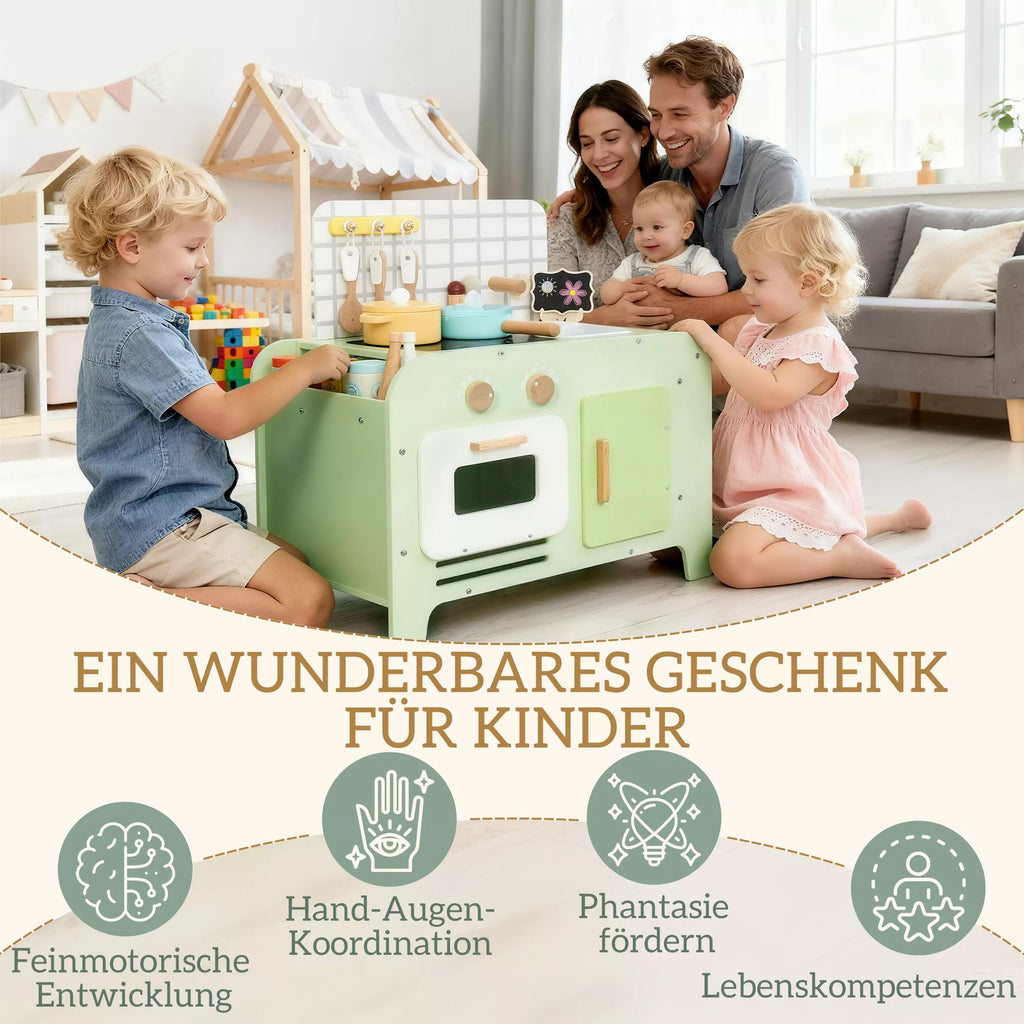 Vaikų virtuvės žaidimų rinkinys, MDF, 15 priedų, spintelės, 40 cm, nuo 3 metų, žalia