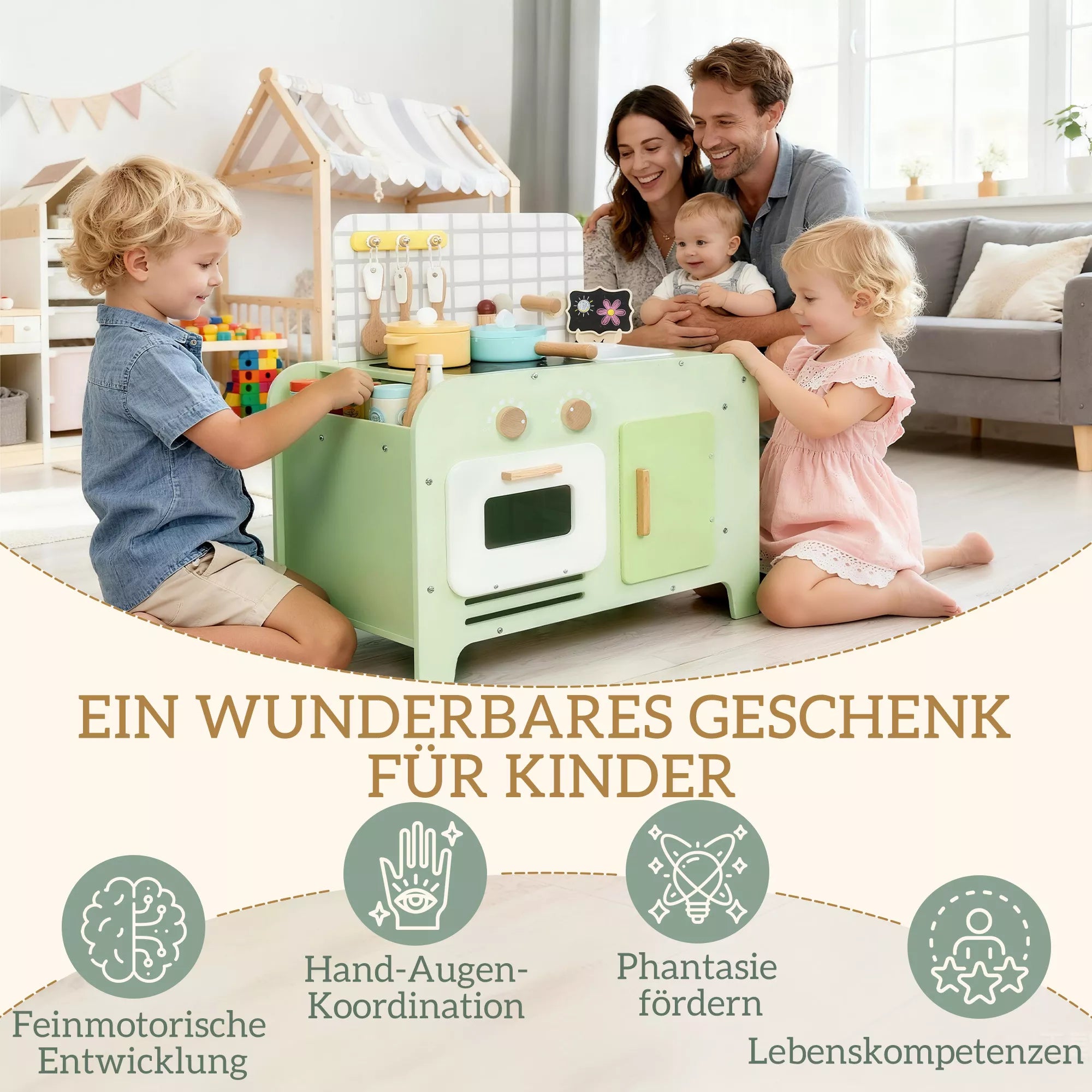 Vaikų virtuvės žaidimų rinkinys, MDF, 15 priedų, spintelės, 40 cm, nuo 3 metų, žalia