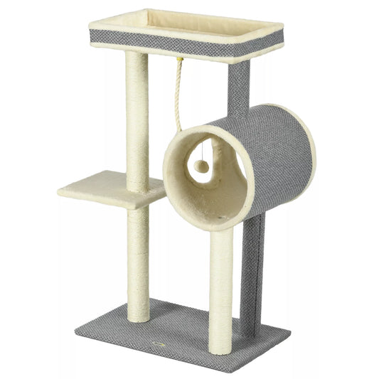 Kačių draskyklė, 1 katės urvelis, 2 gulimosios vietos, 60 cm x 40 cm x 104 cm, Pilka + Natūrali