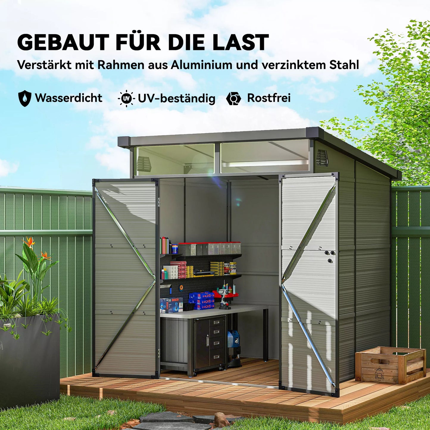 1,9 x 1,9 m sodo ir įrankių namelis iš plastiko, su užrakinamomis durimis, 2 ventiliacijos angomis, šviesiai pilkas