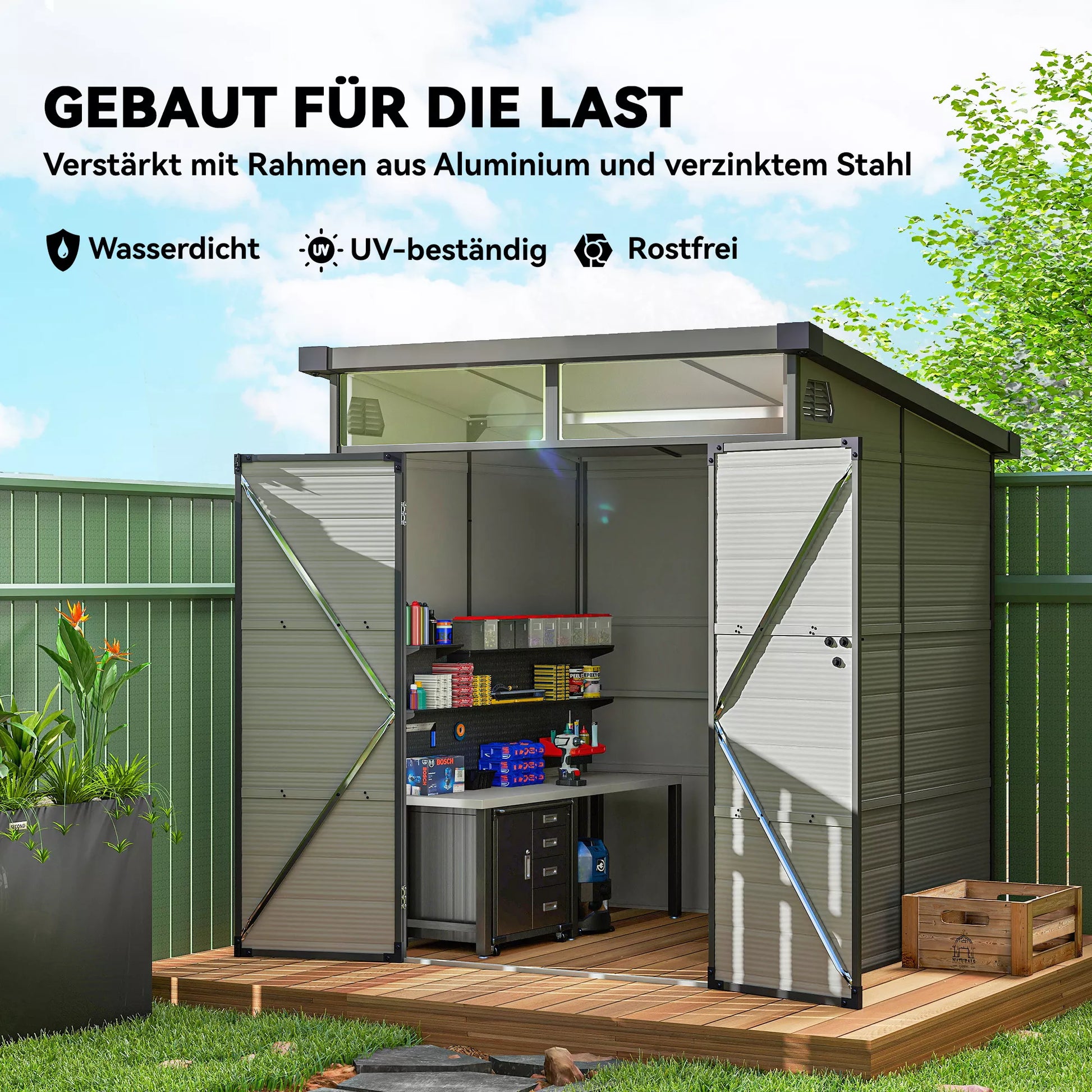 1,9 x 1,9 m sodo ir įrankių namelis iš plastiko, su užrakinamomis durimis, 2 ventiliacijos angomis, šviesiai pilkas