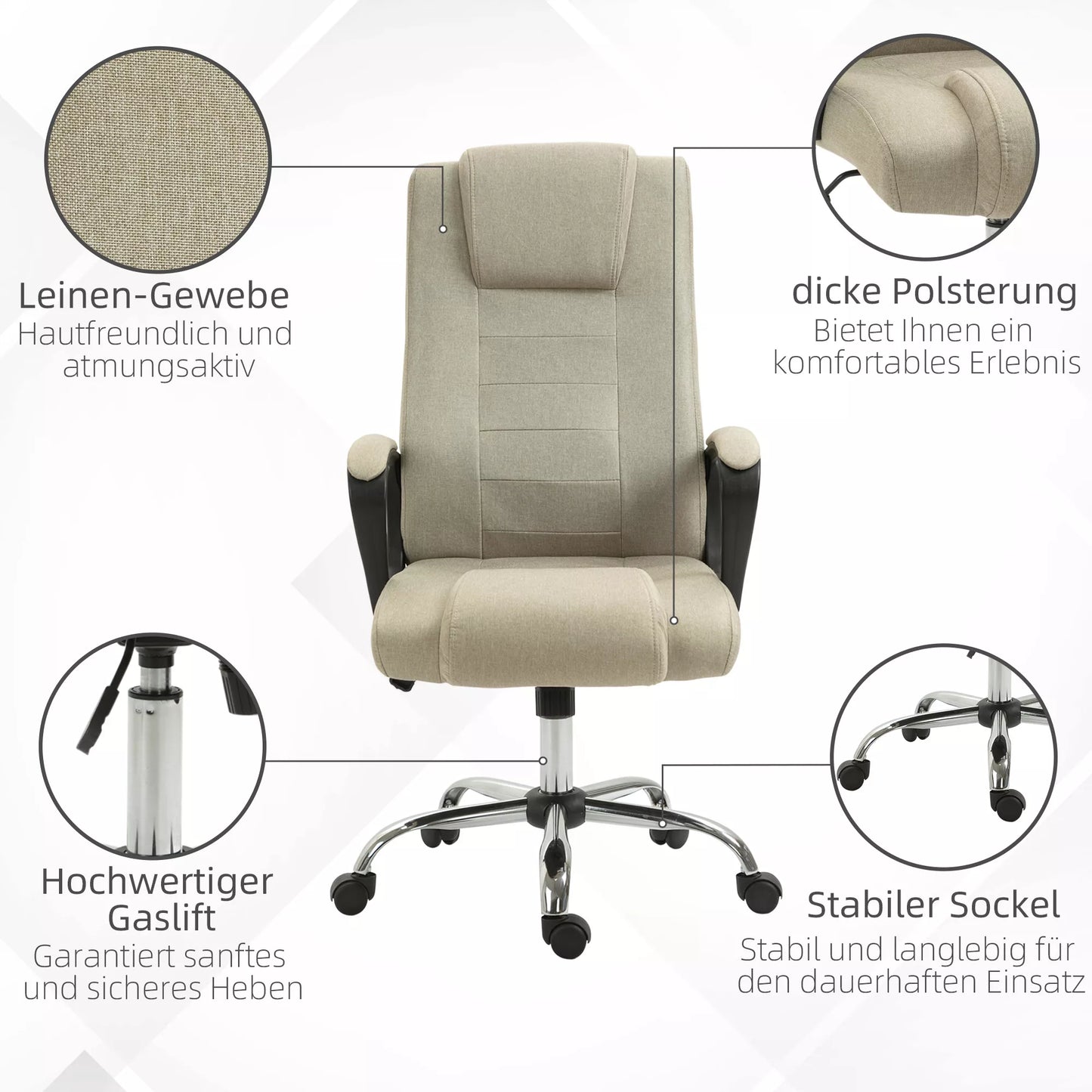 Biuro kėdė su linine išvaizda, reguliuojamo aukščio, pakreipimo funkcija, 5 ratukai, smėlio spalvos