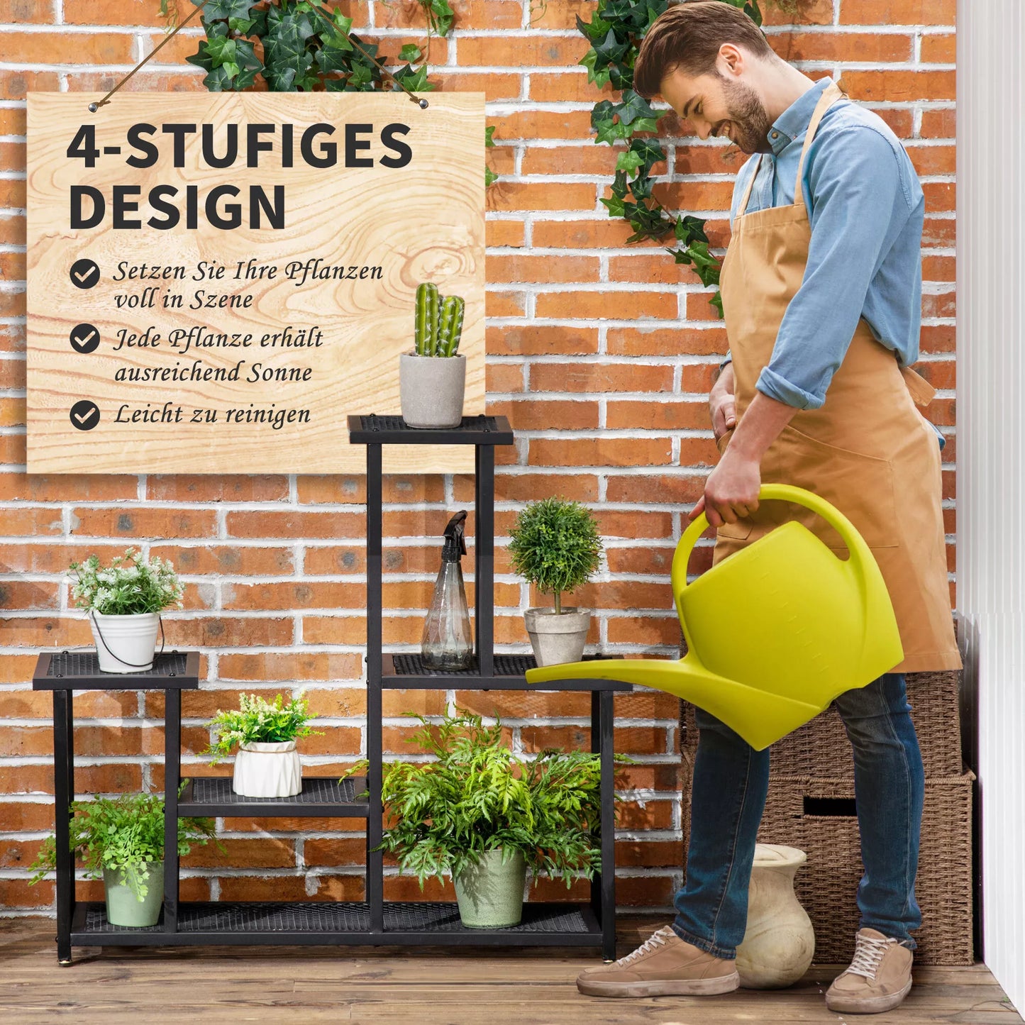 Augalų lentyna su 4 lentynomis, atspari oro sąlygoms, gėlių stovas, 91 cm x 25 cm x 83 cm, juoda