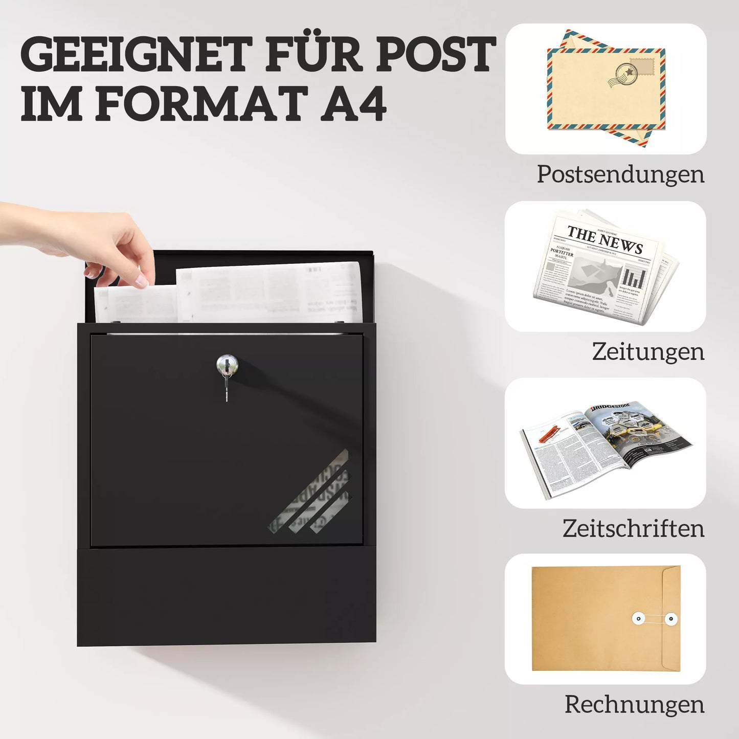 Pašto dėžutė su peržiūros langu, tvirtinama prie sienos, užrakinama, atspari rūdims ir oro sąlygoms, pilka