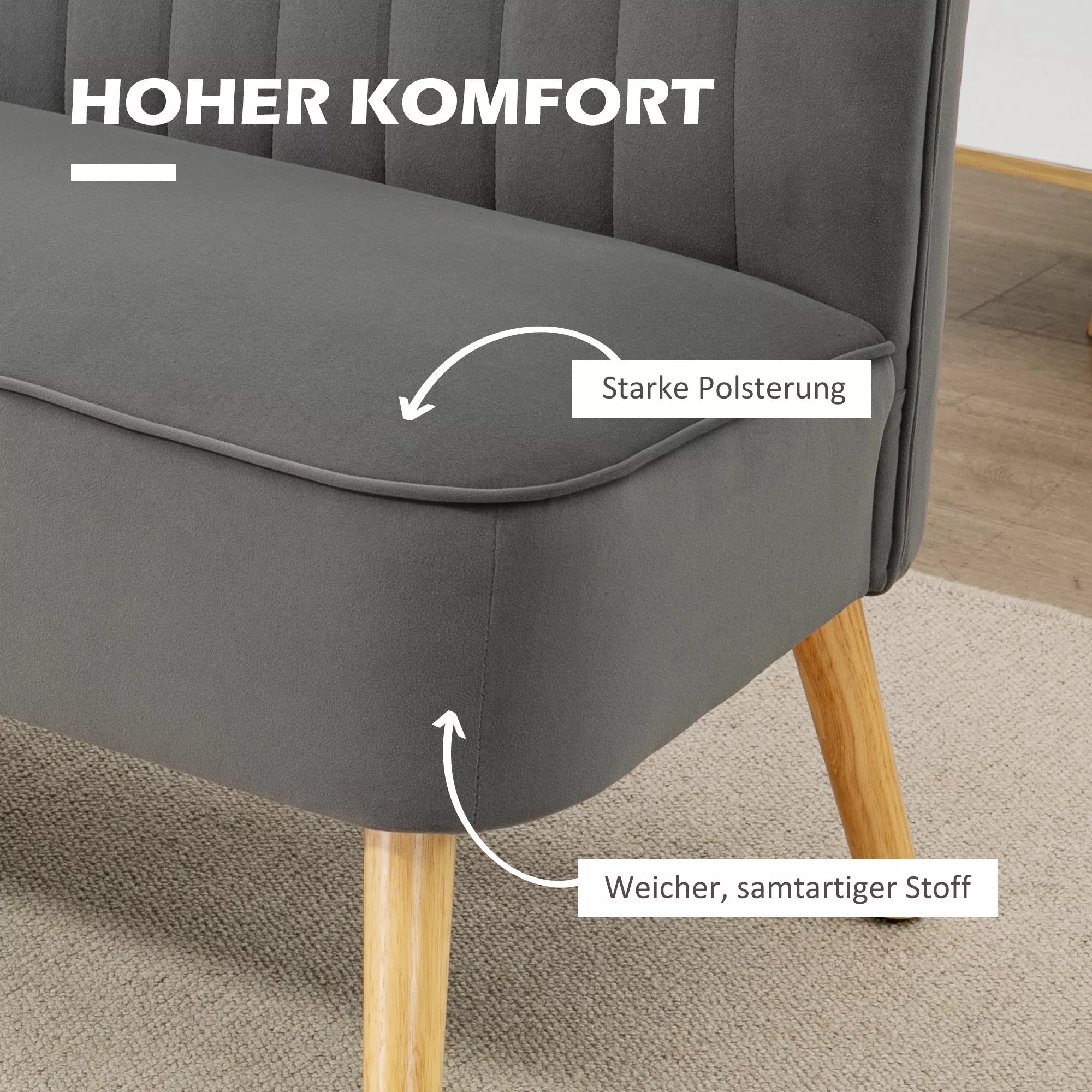 Sofa 2-vietė su medinėmis kojelėmis, 117 cm, tamsiai pilka