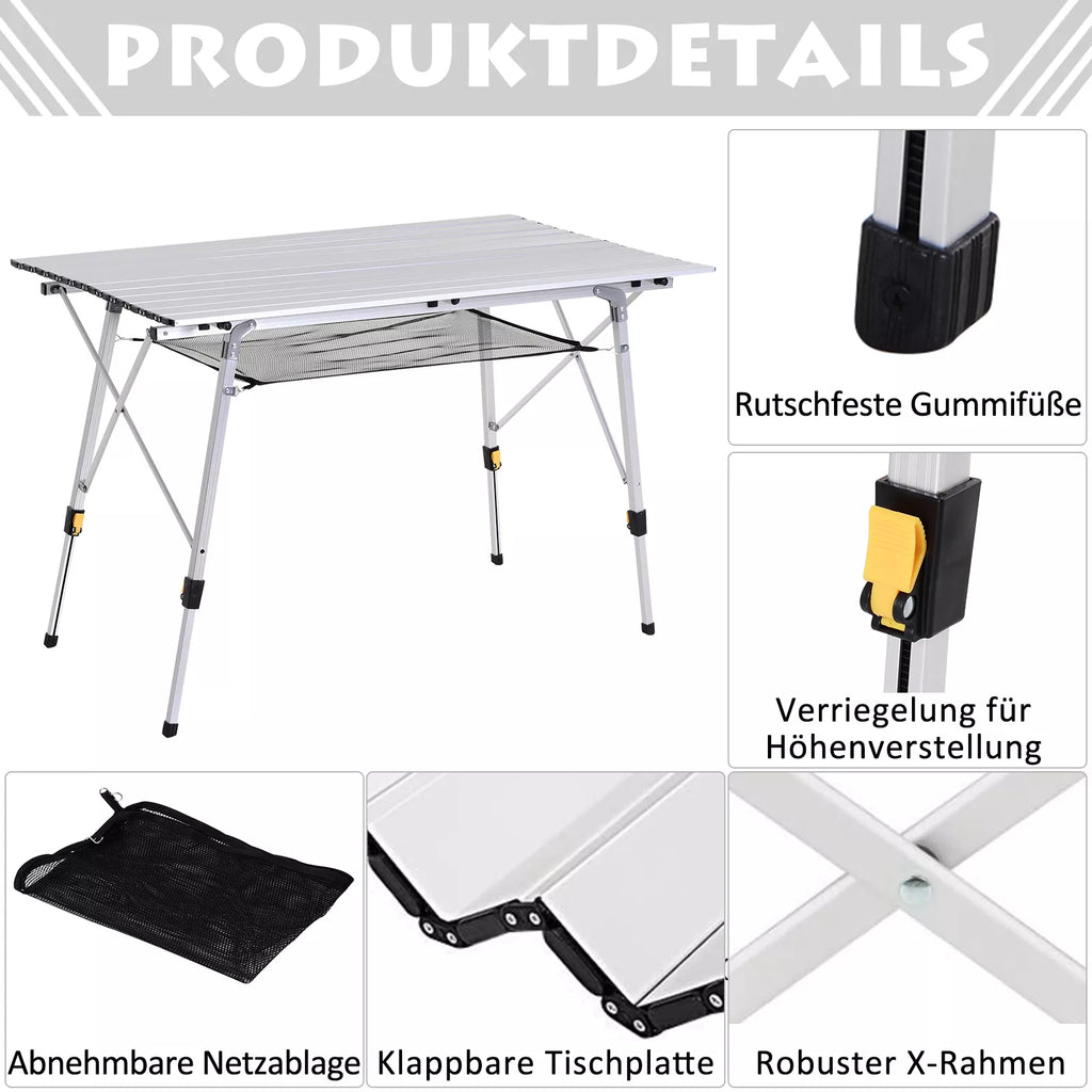 Pikniko sulankstomas stalas, sulankstomas stalas, aukščio reguliuojamas kempingo stalas, su nešimo krepšiu, aliuminis, sidabrinis, 120 x 69 x 59–78 cm