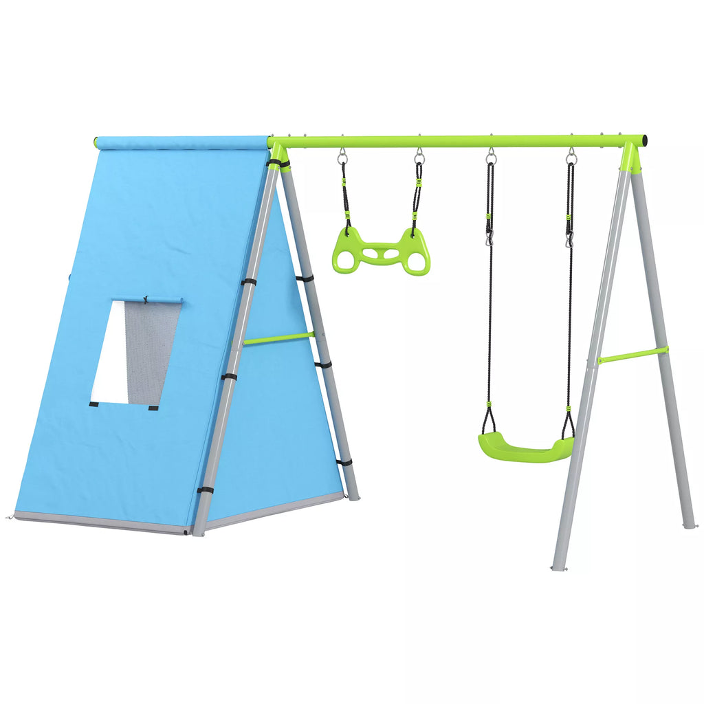 3-in-1 supynės rinkinys, žaidimų palapinė, supynės, gimnastikos žiedai, metalas, plastikas, žalia spalva
