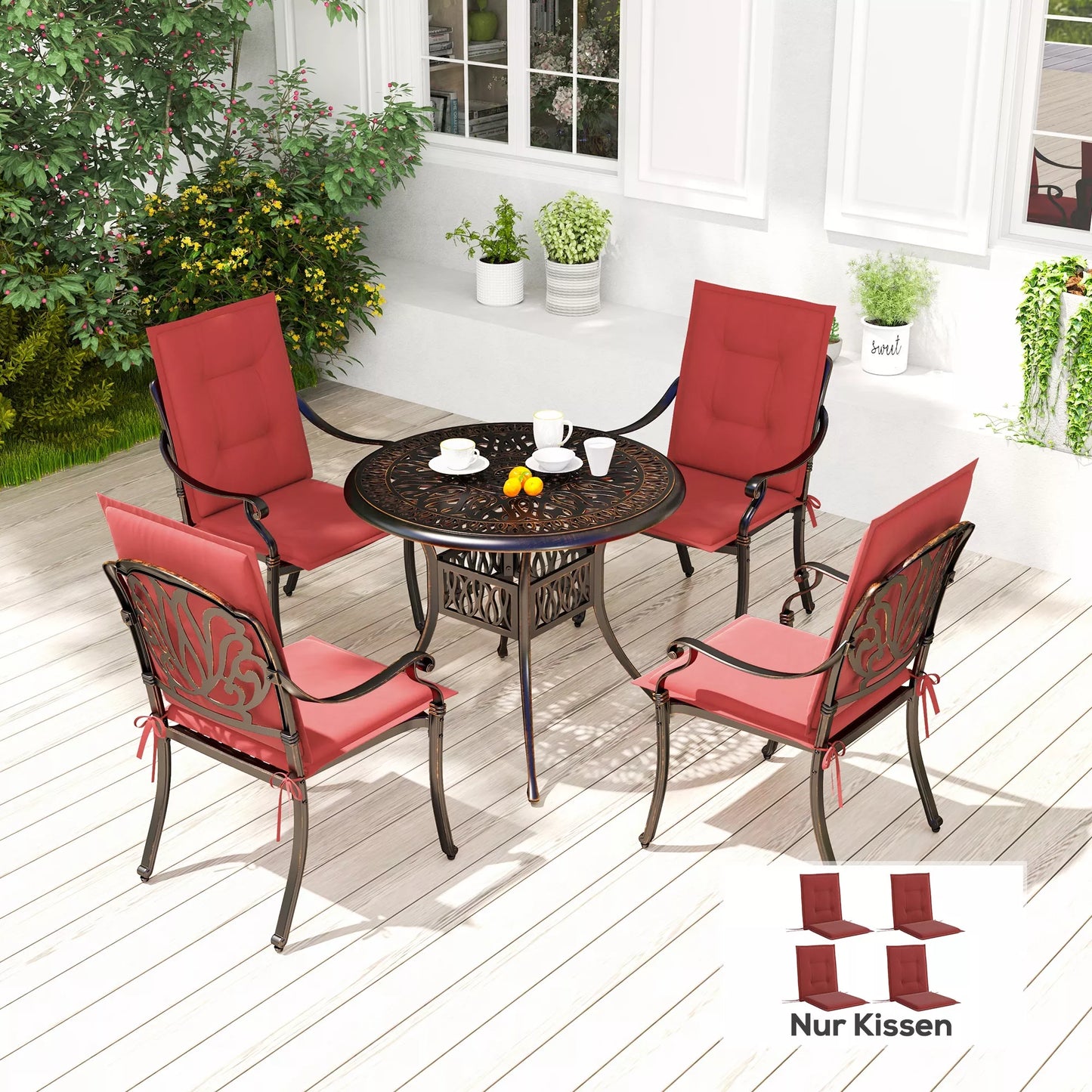 4 vnt. sėdimųjų pagalvėlių komplektas 108 x 50 x 5 cm, su raišteliais, skirta naudoti lauke ir viduje, vyno raudonumo