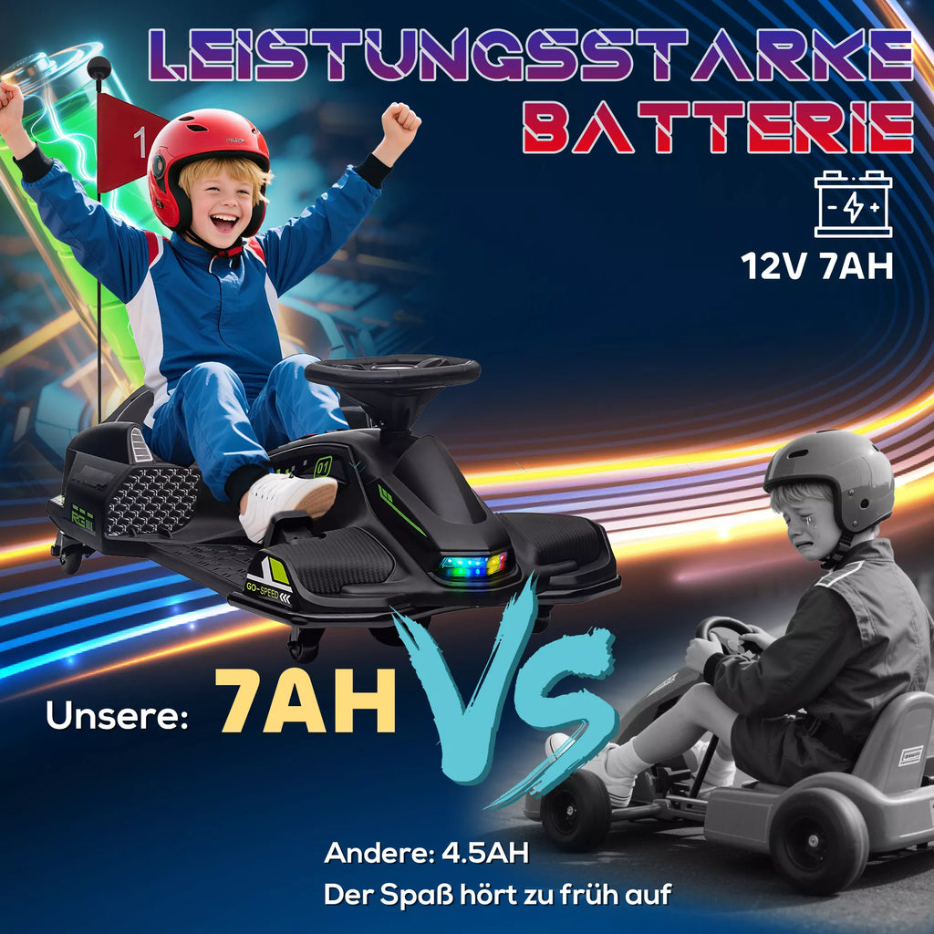 HOMCOM Elektrinis kartingas vaikams, guminės padangos, 3-8 km/val, su šviesomis ir muzikos funkcija, juodas HOMCOM