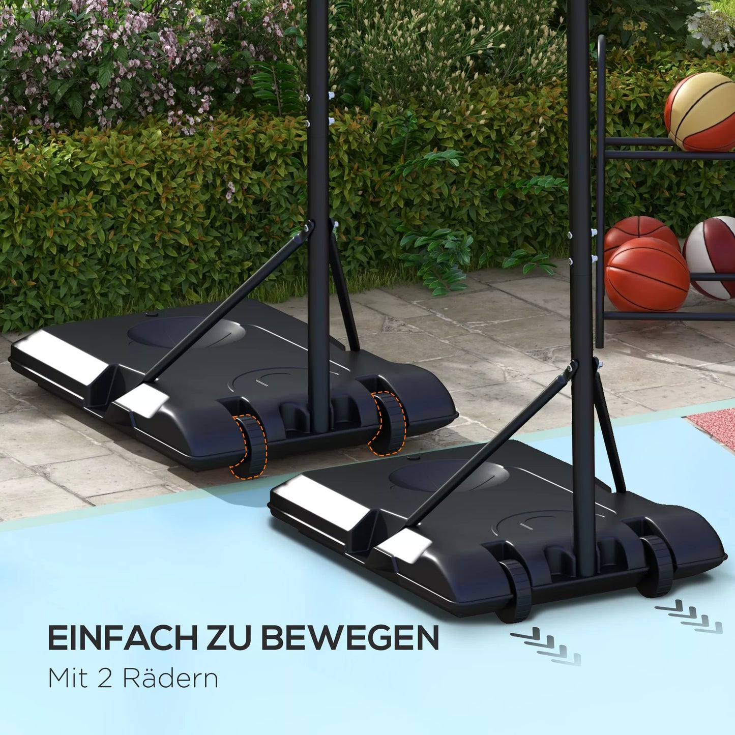 Reguliuojamo aukščio krepšinio lankas, laisvai pastatomas, su tinkleliu ir ratukais, didelis pagrindas, 179-209 cm, plastikas, plienas