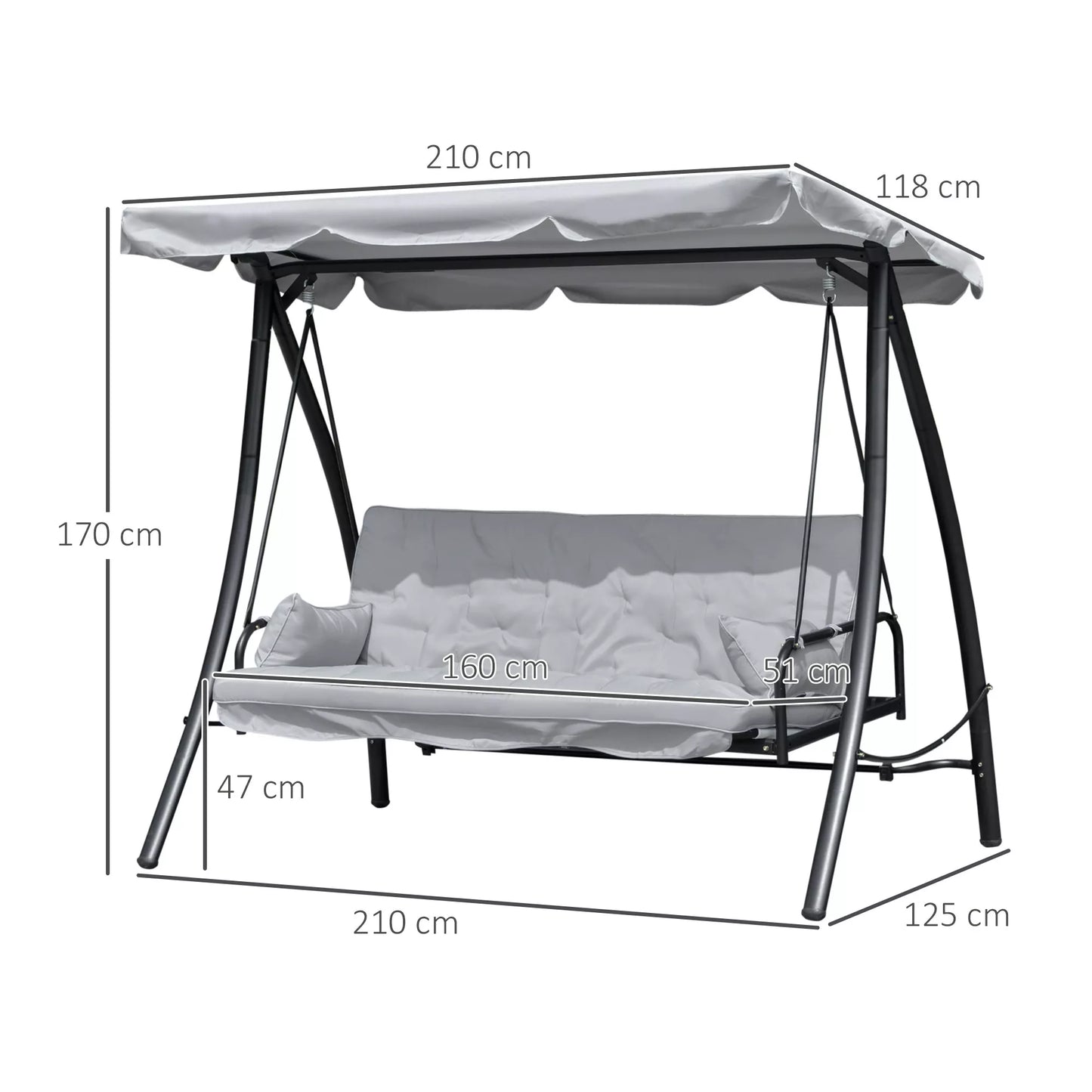 Sūpuoklės sodui, supamoji 3 vietų, su gulėjimo funkcija, metalas+poliesteris, pilka, 209 x 114 x 170 cm