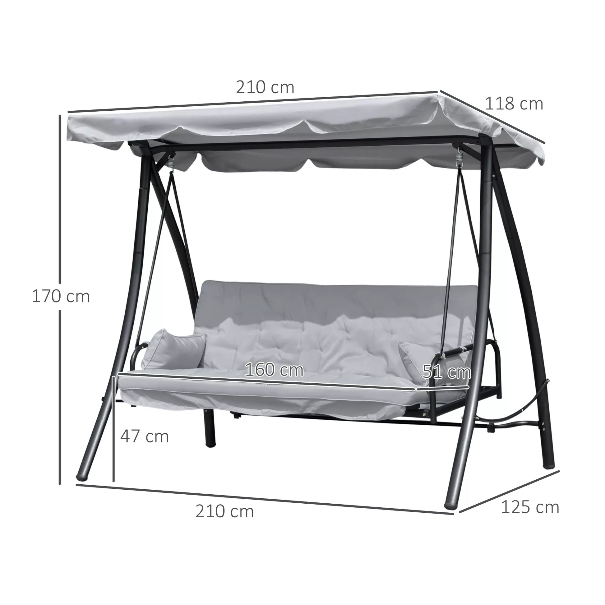 Sūpuoklės sodui, supamoji 3 vietų, su gulėjimo funkcija, metalas+poliesteris, pilka, 209 x 114 x 170 cm
