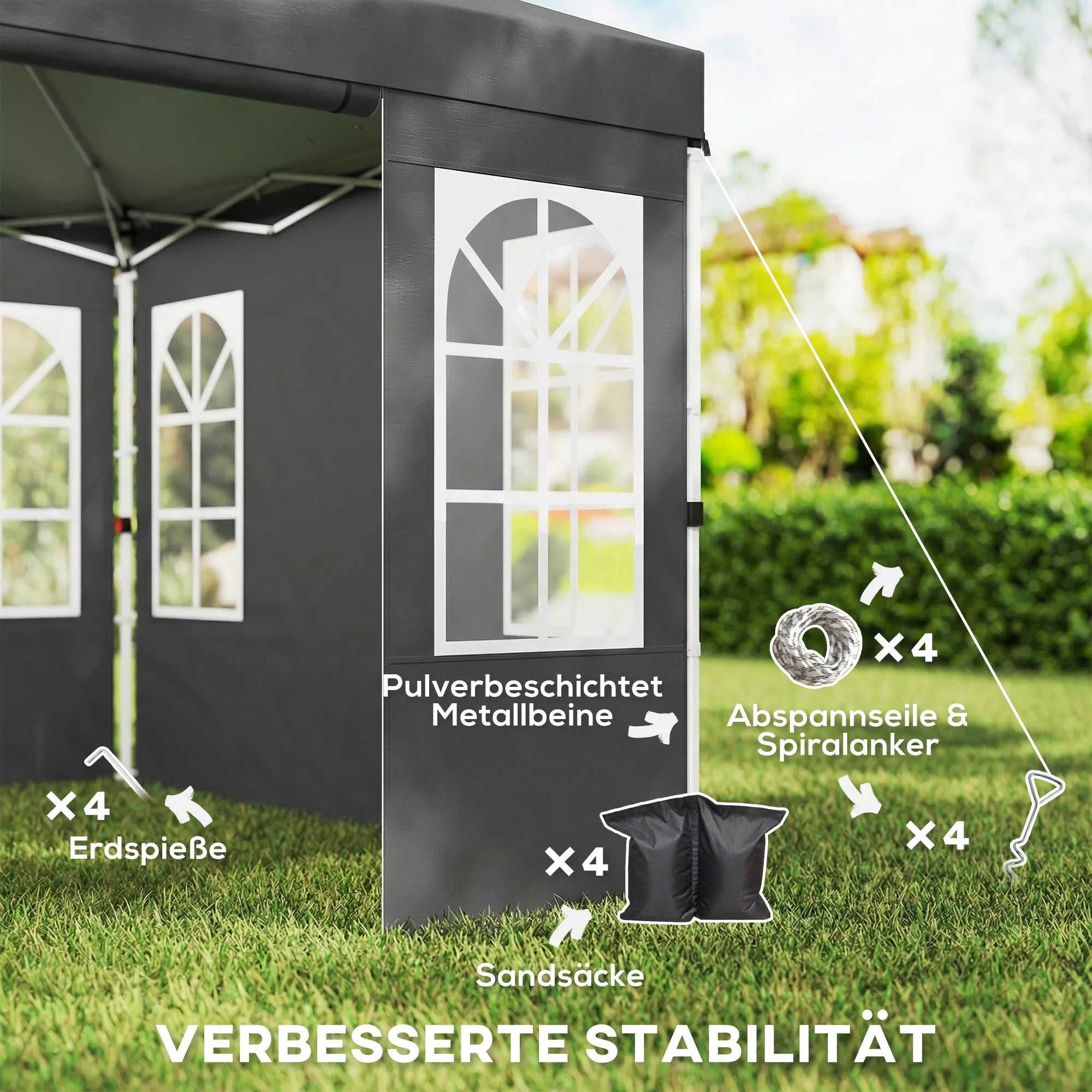 Paviljonas 3x3 m, atsparus vandeniui, stabilus, atsparus žiemai, išskleidžiamas, surenkamas vienu mygtuko paspaudimu, UV 50+, tamsiai pilkos spalvos