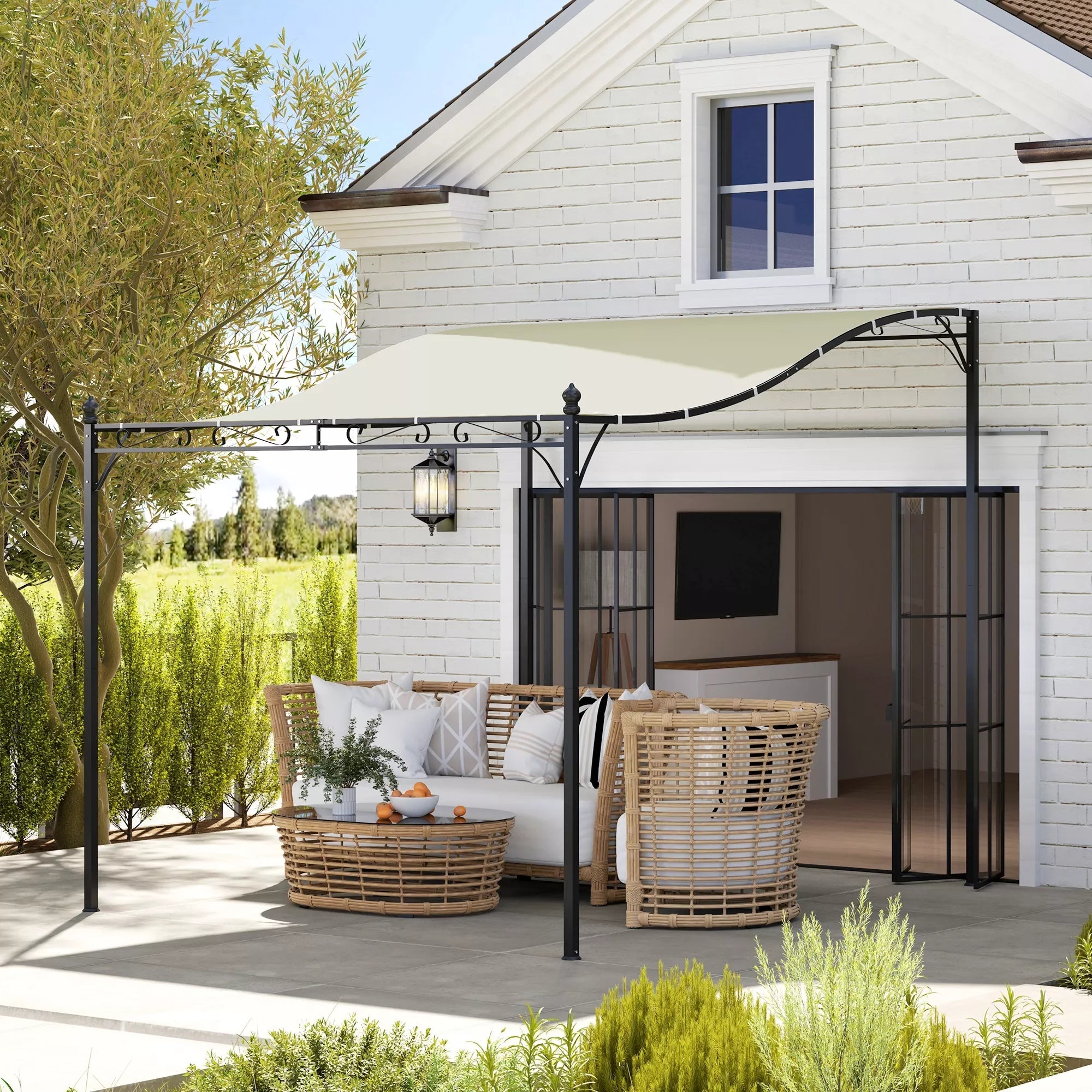 2,5 x 3 m pergola, prie sienos montuojamas sodo paviljonas, atsparus vandeniui, metalinis rėmas, nuotekų angos, šešėlinis stogas, kreminės baltos spalvos