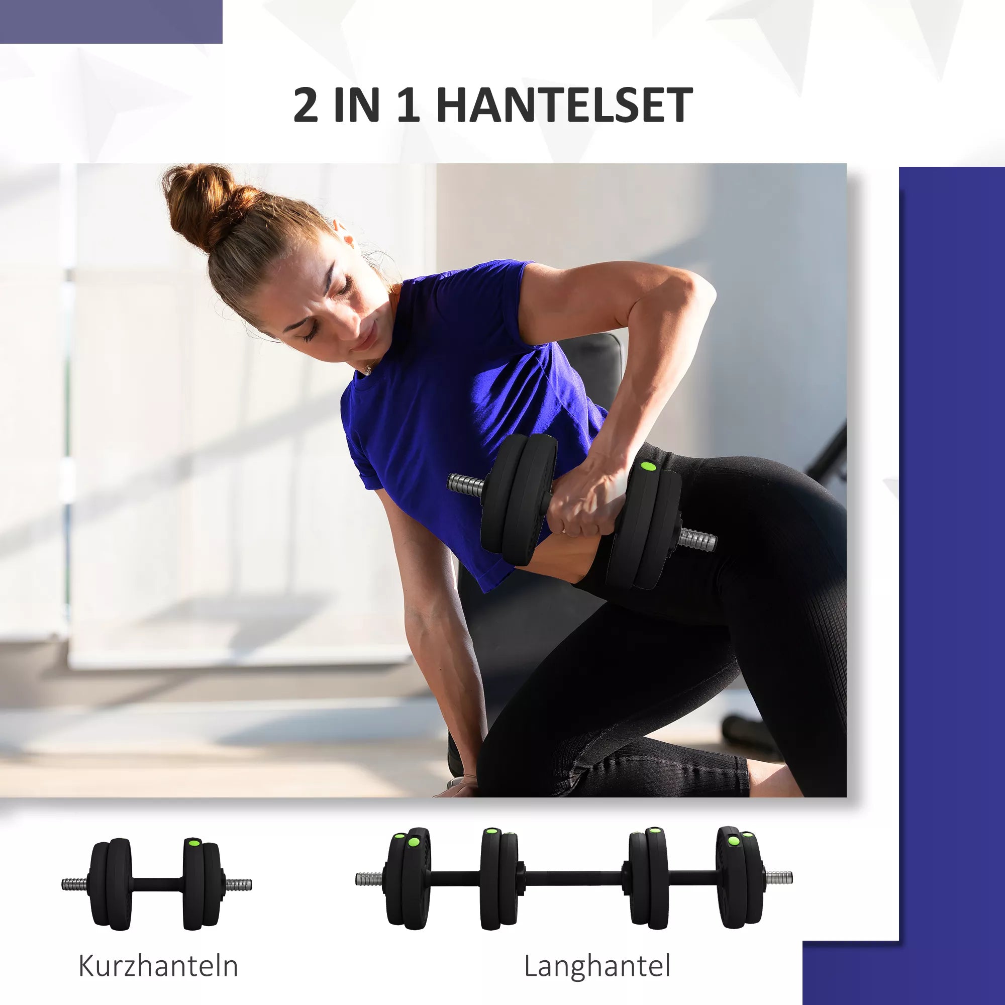 2-in-1 svarmen rinkinys, ilgas ir trumpas svarmuo, 15 kg, neslystantis, tausojantis grindis, juoda/žalia