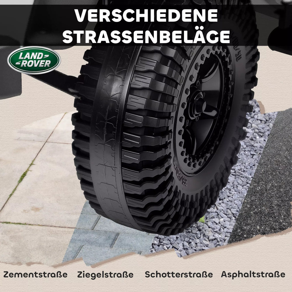 Moteris laiko nuotolinio valdymo pultą, baltas Land Rover Defender elektromobilis priekiniame plane