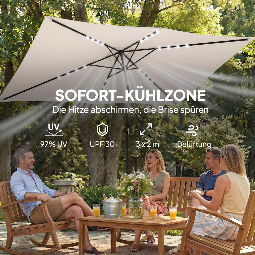 Saulės skėtis LED Solar, apie 300 x 200 cm, sulankstomas balkono skėtis su rankena, apsauginis apvalkalas, UV apsauga, pasukamas, kreminės baltos spalvos